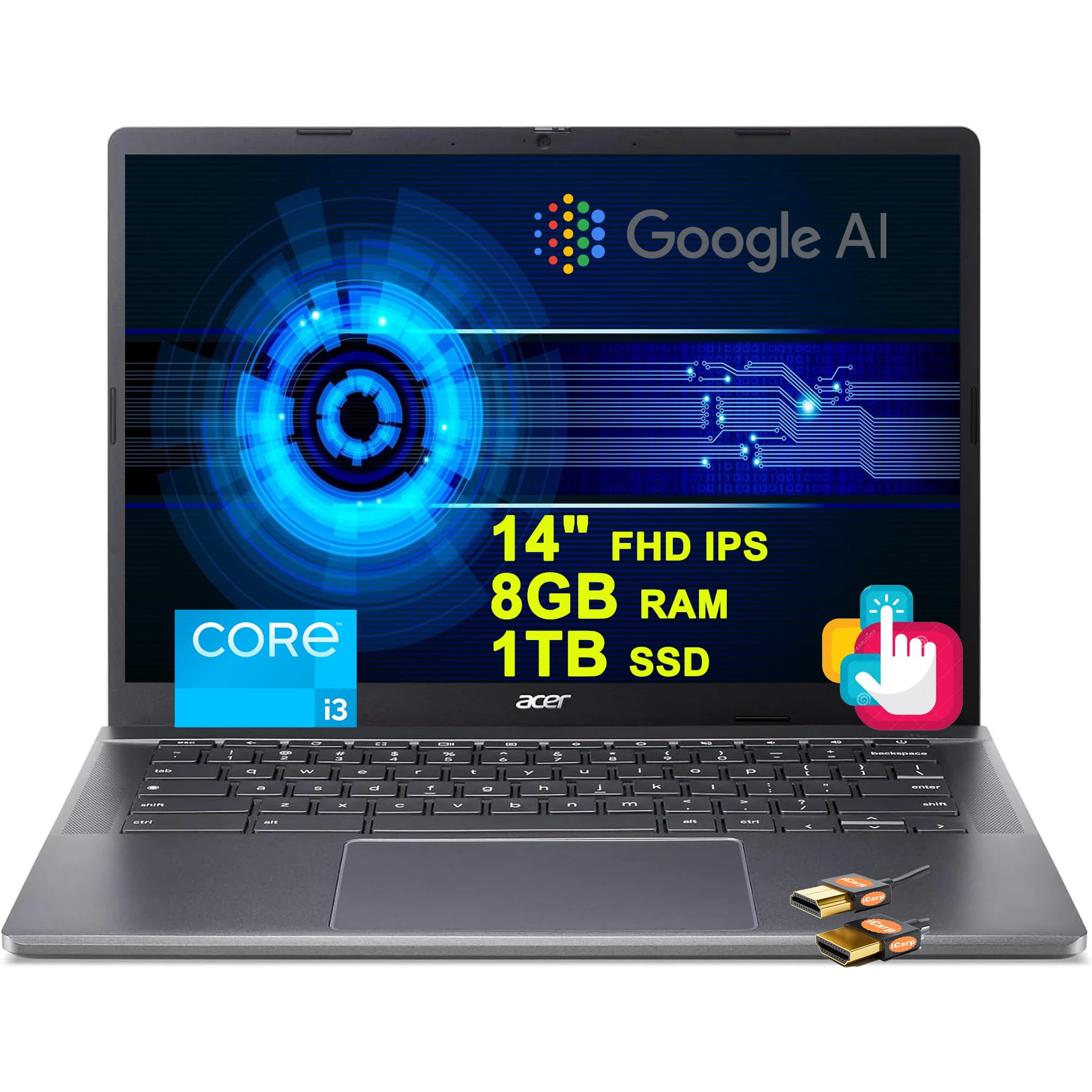 acer Chromebook Plus 514 Google AI Laptop 14" FHD IPS Touchscreen Intel Octa-core i3-N305 8GB RAM 1TB SSD USB-C Free Google AI/2TB Loud Storage for 1-Year Grey + HDMI Cable