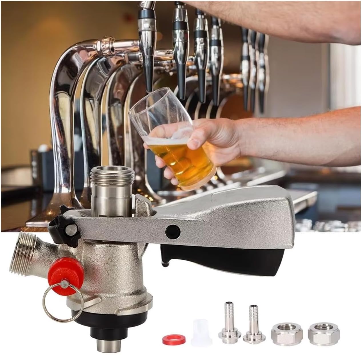 S-Type Keg Coupler, Beer Keg Dispenser System Made of Brass and Stainless Steel, Beer Dispensing Accessory, Connector with Pressure Relief Valve