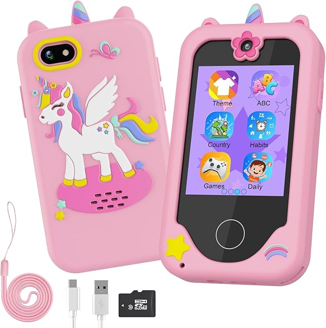 Diswoe Kids Phone for Girls, Christmas Birthday Unicorn Gifts for 3 4 5 6 7 8 Year Old Girls, Touchscreen Toddler Learning Phone Toy for Kids Age 3-8 with Dual Camera, Game, Music 8G SD Card(Pink)