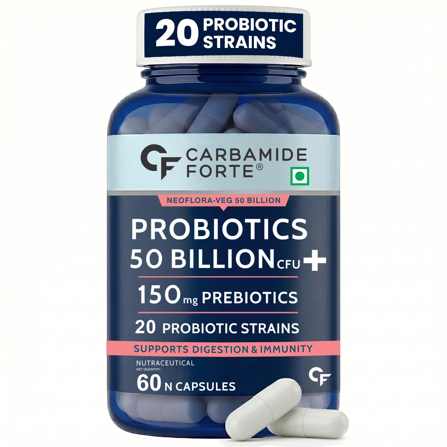 Carbamide Forte Probiotics Supplement 50 Billion CFU Gut Health Supplements with Probiotic | Gut Cleanse with Prebiotics and Probiotics | L Reuteri Probiotics Supplement for Gut Health – 60 Capsules