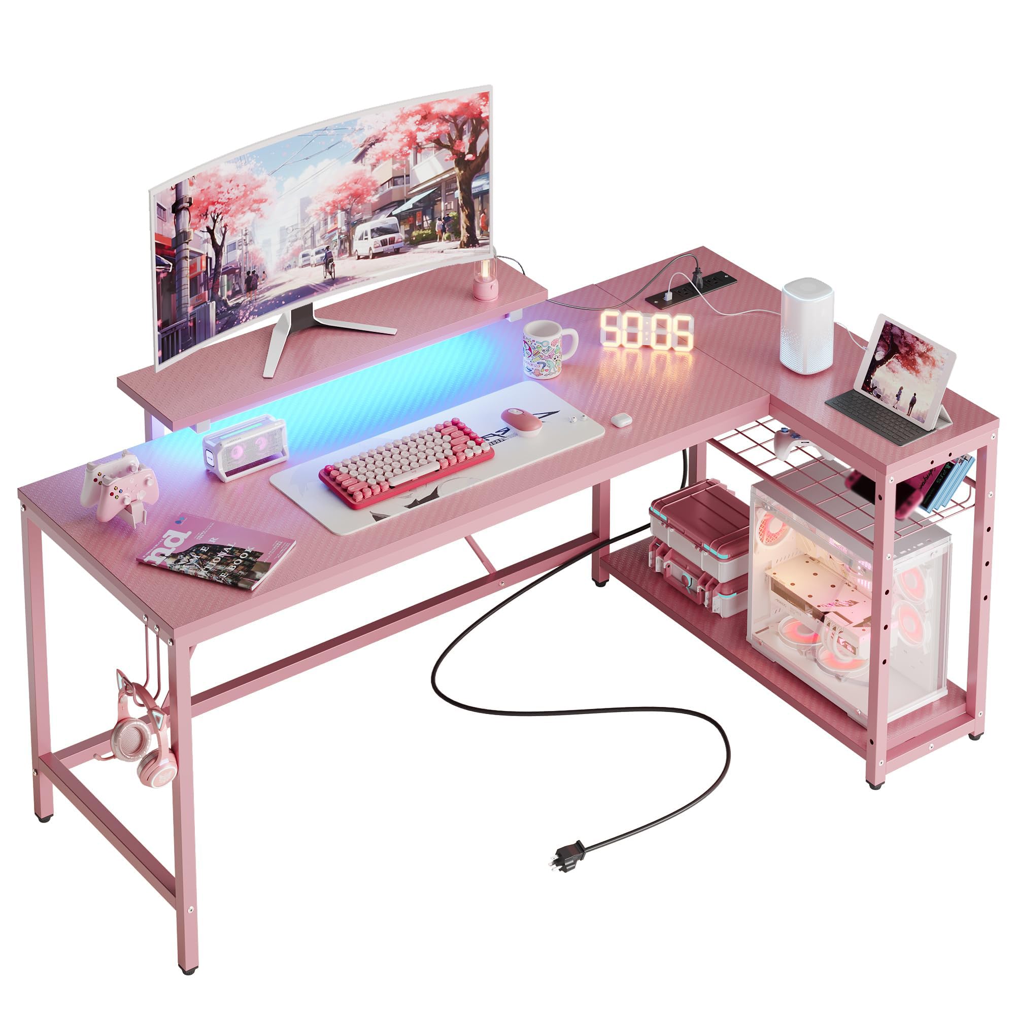 Bestier L Shaped Gaming Desk with Power Outlets,58 LED Small Corner Desk with Reversible Storage Shelves,Pink Computer Desk with Headset Hooks Desk for Living Room and Dormitory