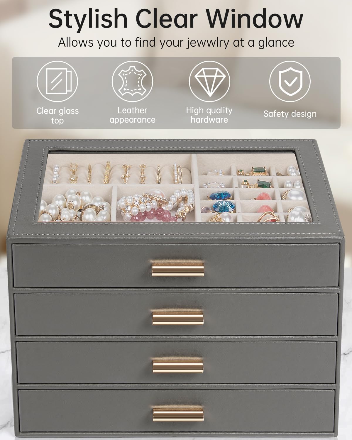 AKOZLIN Jewelry Box with Clear Lid Functional Leather Jewelry Storage Organizer Case 4 Drawers for Women Girls Necklace Ring Bracelet Earring DarkGrey