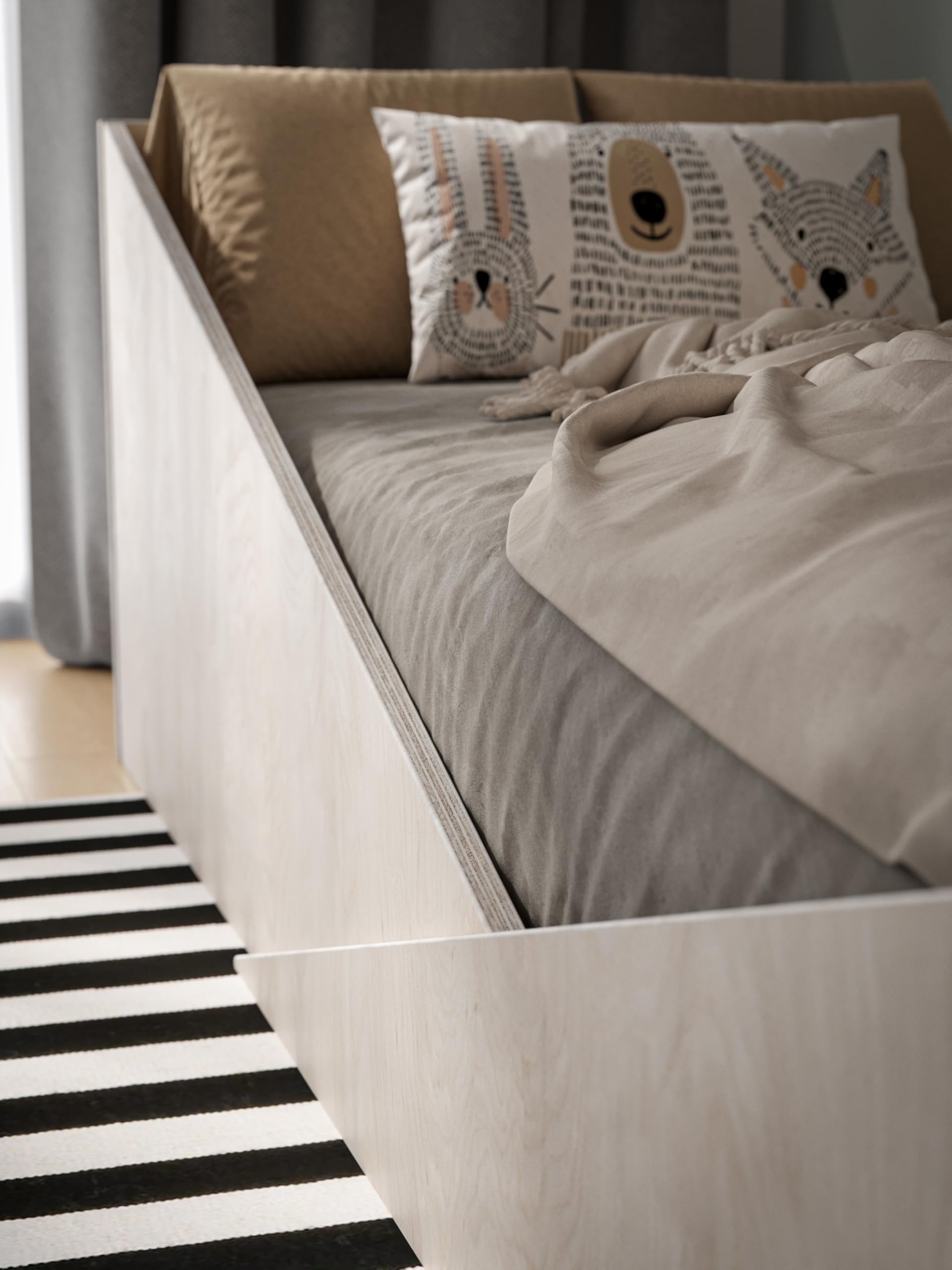 OSONO | ATRI Łóżko dziecięce 80x160 cm z naturalnego drewna | Łóżko podłogowe Montessori ze stelażem i barierką ochronną | Nowoczesny skandynawski design dla dzieci