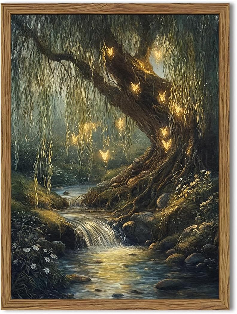 Vintage Forest Fairy Wall Art Whimsical Cottagecore Tree Fairy Wall Decor Painting Magical Landscape 3D Texture Hand Drawn Sandstone Artwork for Bedroom Living Room 12x16 inch Wood Framed