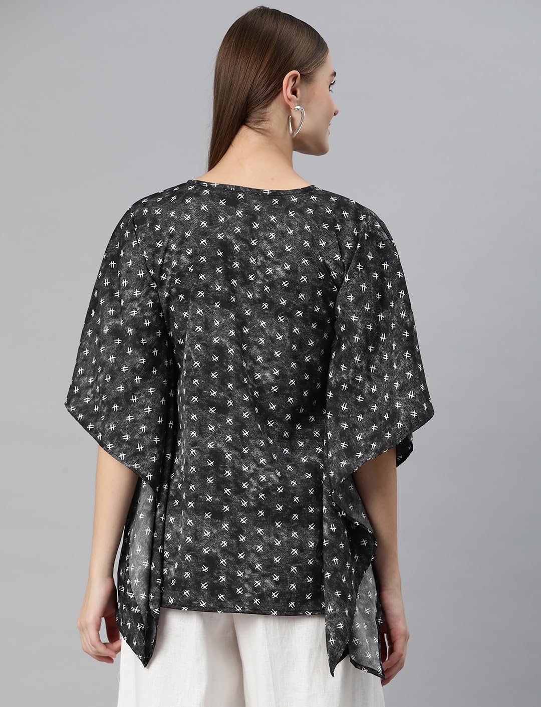 Cottinfab Women Print Kimono Sleeves Crepe Kaftan Longline Top Black 3