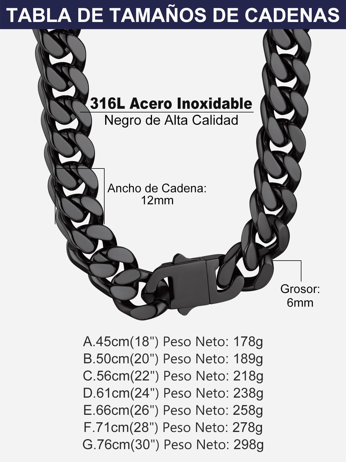 Bandmax Collar Cubano de Hombre Mujer Eslabones Planos Cierre Practico 45cm a 76cm Largo Chapado en Platino/Oro/Negro Regalo a Hijo Pareja, Joyero Incluido