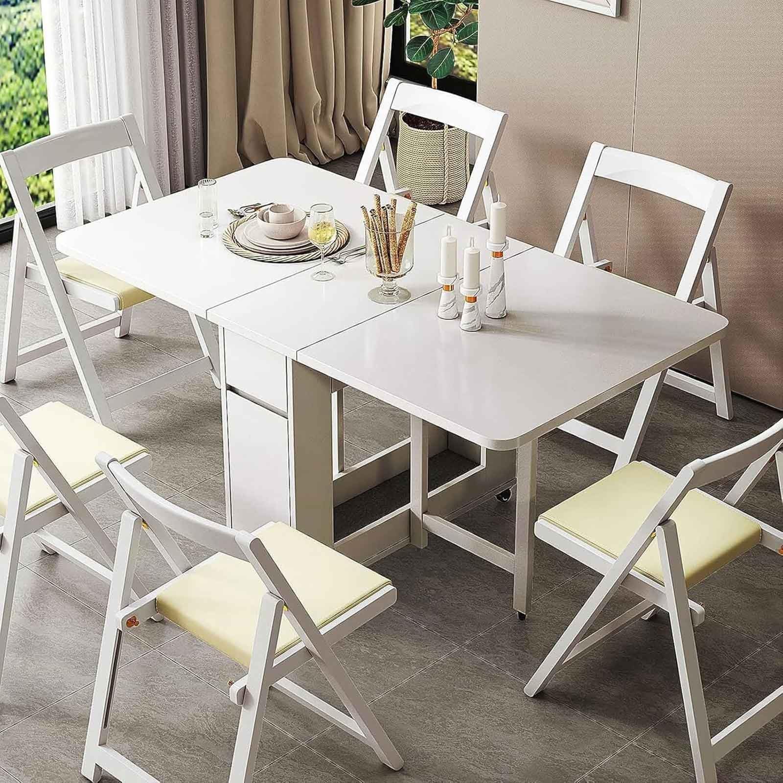 Set Tavolo da Pranzo Pieghevole in Legno Massello, Tavolo Industriale con Ribalte con 4 Sedie e Cassetto Tavoli Allungabili a Scomparsa Multifunzionali for Cucina Soggiorno(White)