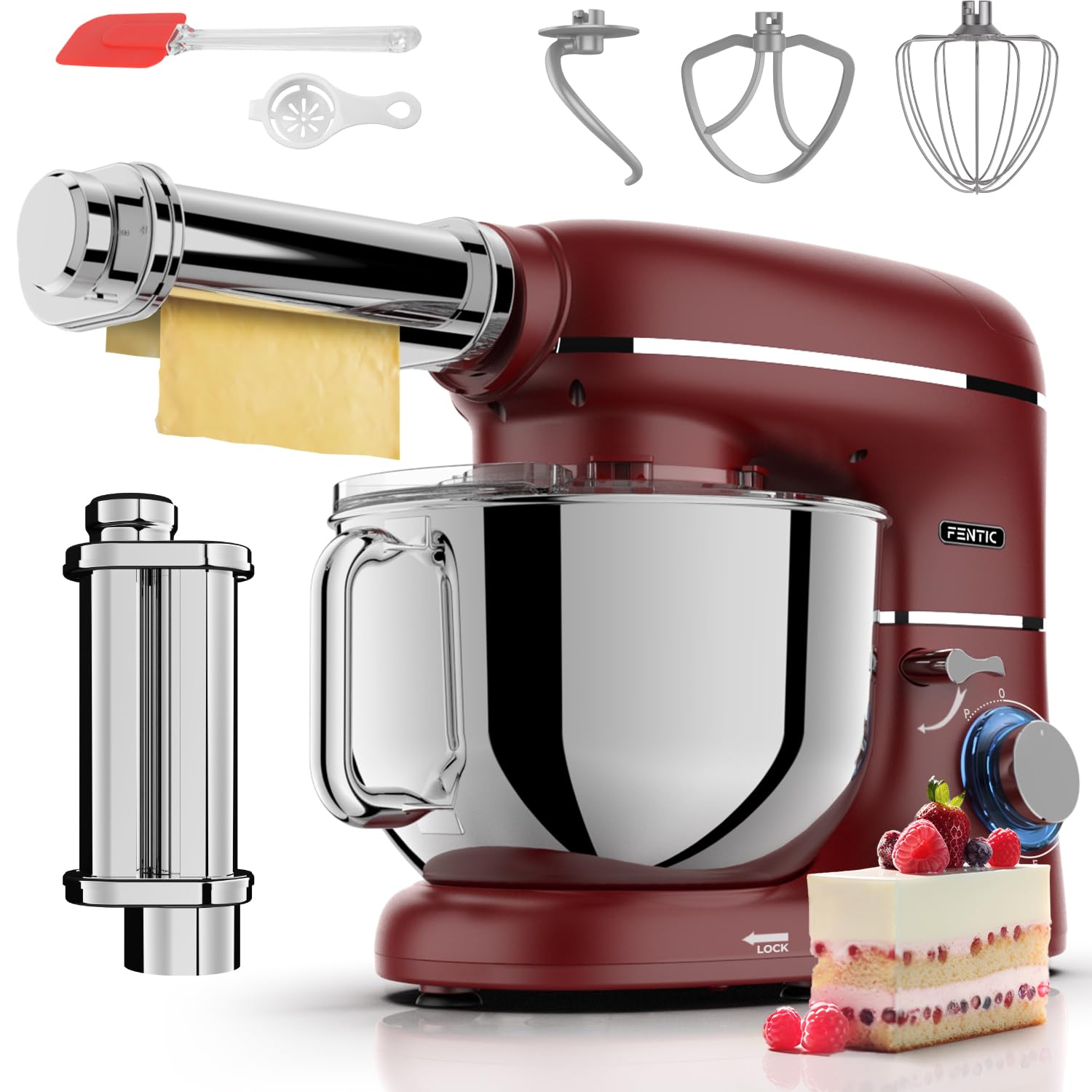 Planetarna mikser z maszyną do makaronu - 2000 W, robot kuchenny z maszyną do świeżego makaronu, maszynka do makaronu, 6,2 l, miska ze stali nierdzewnej (czerwona)