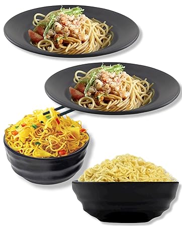 Ecospit Melamine Maggi/Snack Bowls (2 Pcs) - Pasta Deep Plates (2 Pcs) - Serving Bowls/Deep Plates Matt Black (Combo Pack of 04)