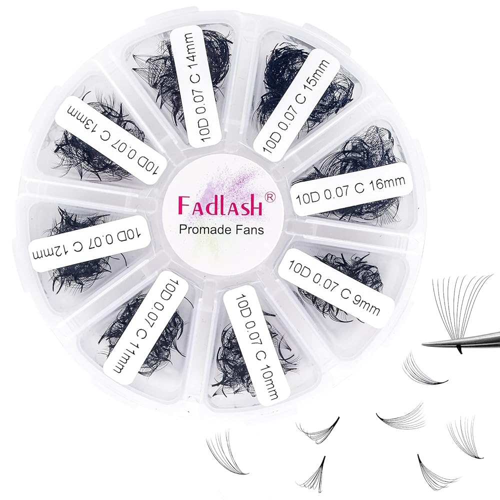 Volume Lash Extensions Mixed Tray 1000 Premade Fans 10D Loose Promade Fans Pointy Base Premade Fans Eyelash Extensions Handmade Premade Lash Fans (10D-0.07C,9-16mm)