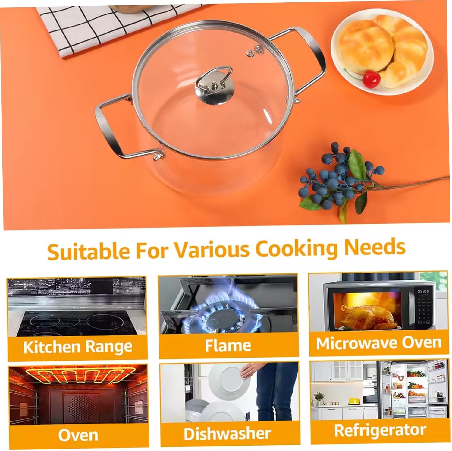 Glass Saucepan with Lid, 4.L Transparent Simmer Pot with Dual Stainless Steel Handle, Heat- Resistant Glass Pots for Cooking Pasta, Noodle, Soup, Milk