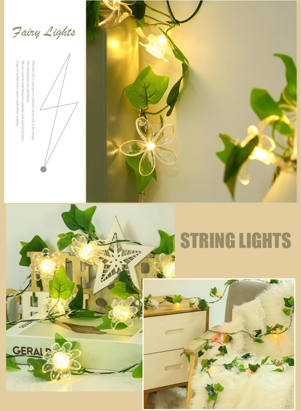 CAKERS Guirlande Lumineuse De Vigne De Fleurs Artificielles Avec Décor De Feuilles Vertes|Guirlande Lumineuse LED|Plantes Artificielles Lampes D'ambiance,A-Blanc Chaud,10 M (32,8 Pieds)-100LED-USB
