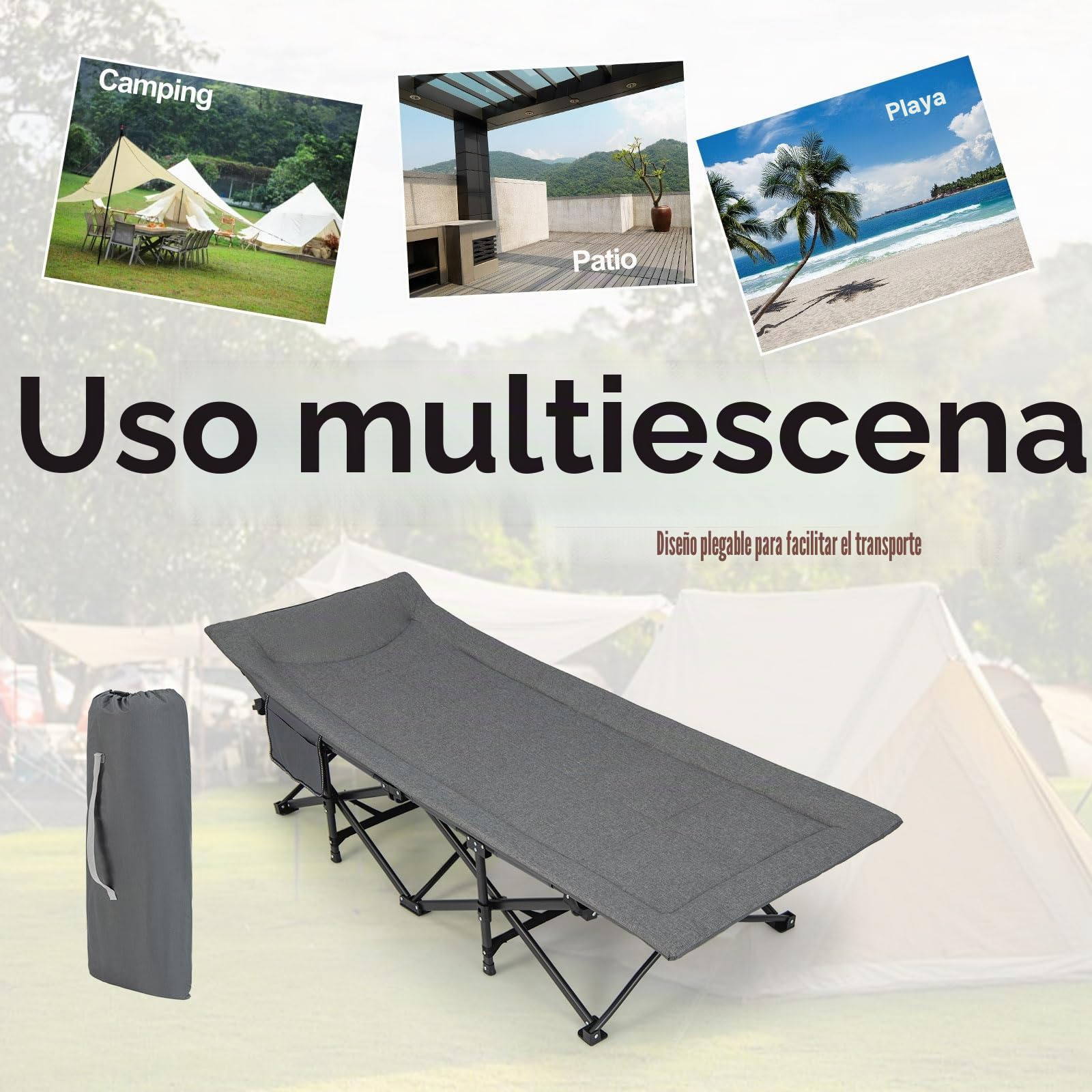 KOMFOTTEU Cama de camping con bolsa de almacenamiento, de tela Oxford y metal, cama de camping plegable 190 x 68 x 48,5 cm, cama de campo XL portátil, antideslizante, soporta hasta 200 kg