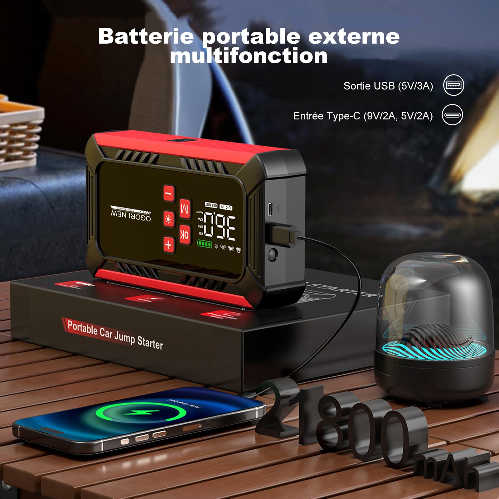 Booster Batterie Voiture 8000A,Demarreur Batterie Voiture avec Gonfleur 150PSI, Demarreur Batterie Voiture(8.0L Diesel/10.0L Gaz),12V Jump Starter pour Véhicule avec lumière LED/Écran LCD