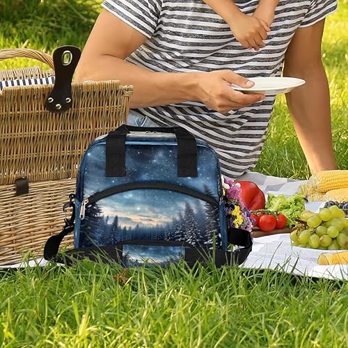Miniatura 2 de Bolsa de almuerzo aislada con diseño de bosque estrellado, reutilizable, a prueba de fugas, lonchera con correa de hombro ajustable extraíble para