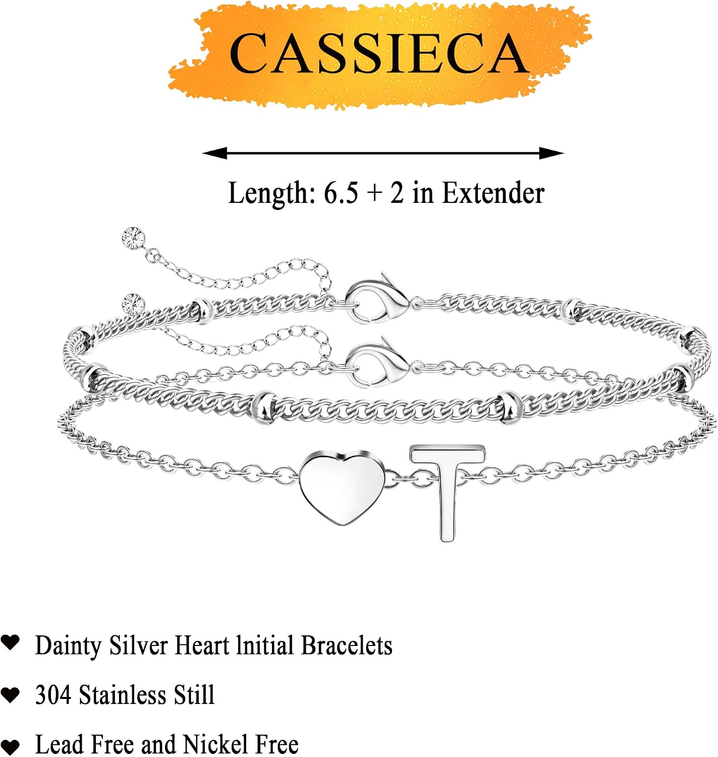 CASSIECA Initial Bracelet Silver/Gold Bracelet for Women Stainless Steel Heart Bracelet Personalised Letter Charm Bracelet Jewelry for Women Confirmation Gifts for Girls image 2