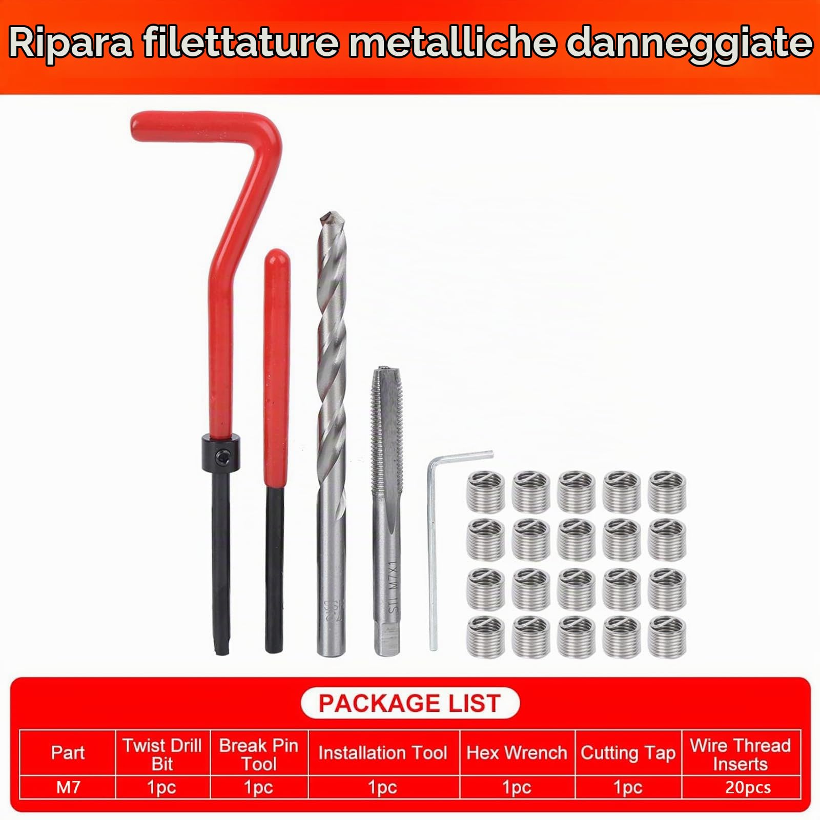 M7 Kit Riparazione Di Filetti, 25pz Kit Inserti Di Riparazione Filettatura Helicoil Kit, Kit Riparazione Filetti Inserto Filettato per Automotive Ripristino Filetti Macchinari Di Lavorazione
