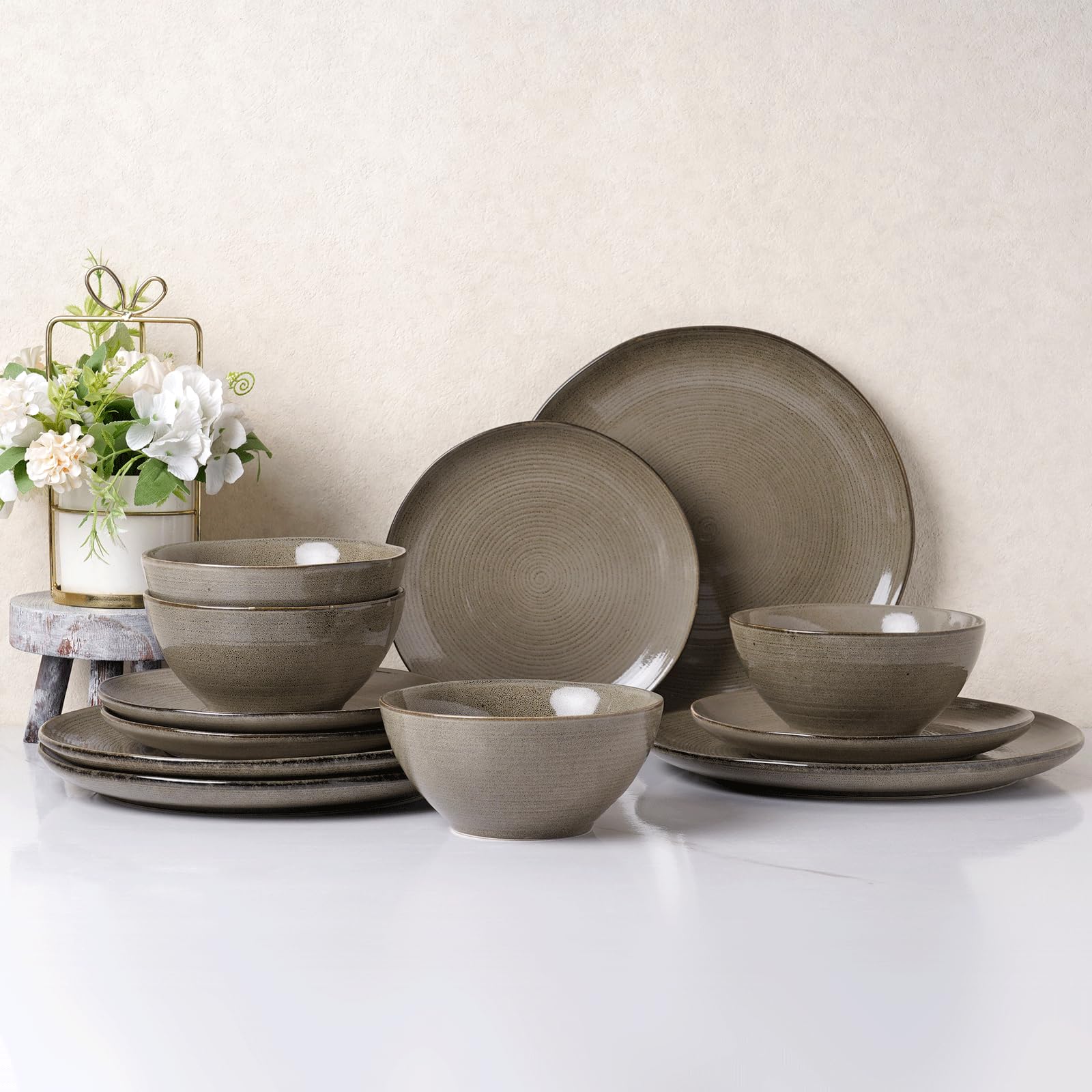 famiware Plates and Bowls Sets for 4, 12 Pieces Stoneware Dinnerware Sets, Dishes Set, Reactive Glaze Dishware Sets, Dishwasher & Microwave Safe, Tempus Series - Dark Olive