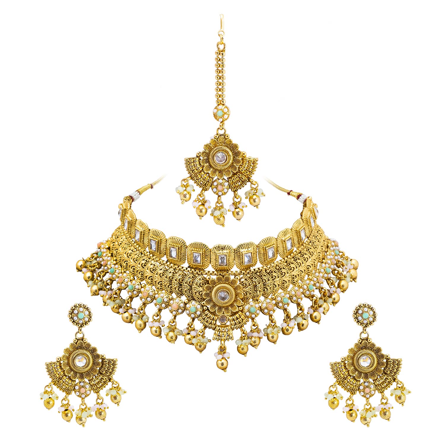 BodhaTraditional Indian Handcrafted Gold Plated Matte Forming One Gram Gold Haram Traditional Kundan,CZ, AD,Studded Choker Jewellery/Jewelry Necklace set For Women (SJN_167)