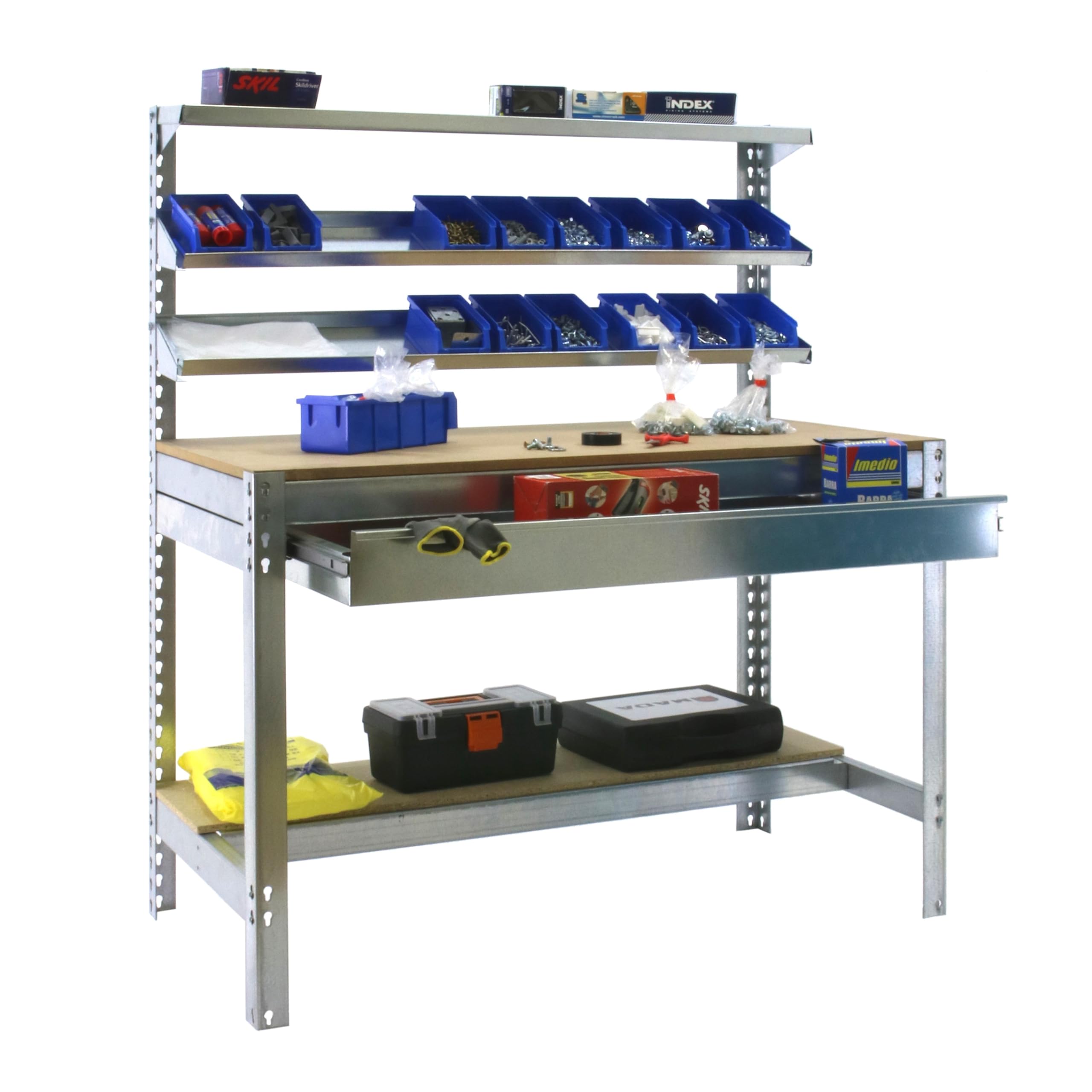 Simon Rack Banco de Trabajo con 3 repisas y cajón 910x610 mm - BT1 | Capacidad Carga 400 kg, Pintura anticorrosión, Galva , Montaje sistema clic
