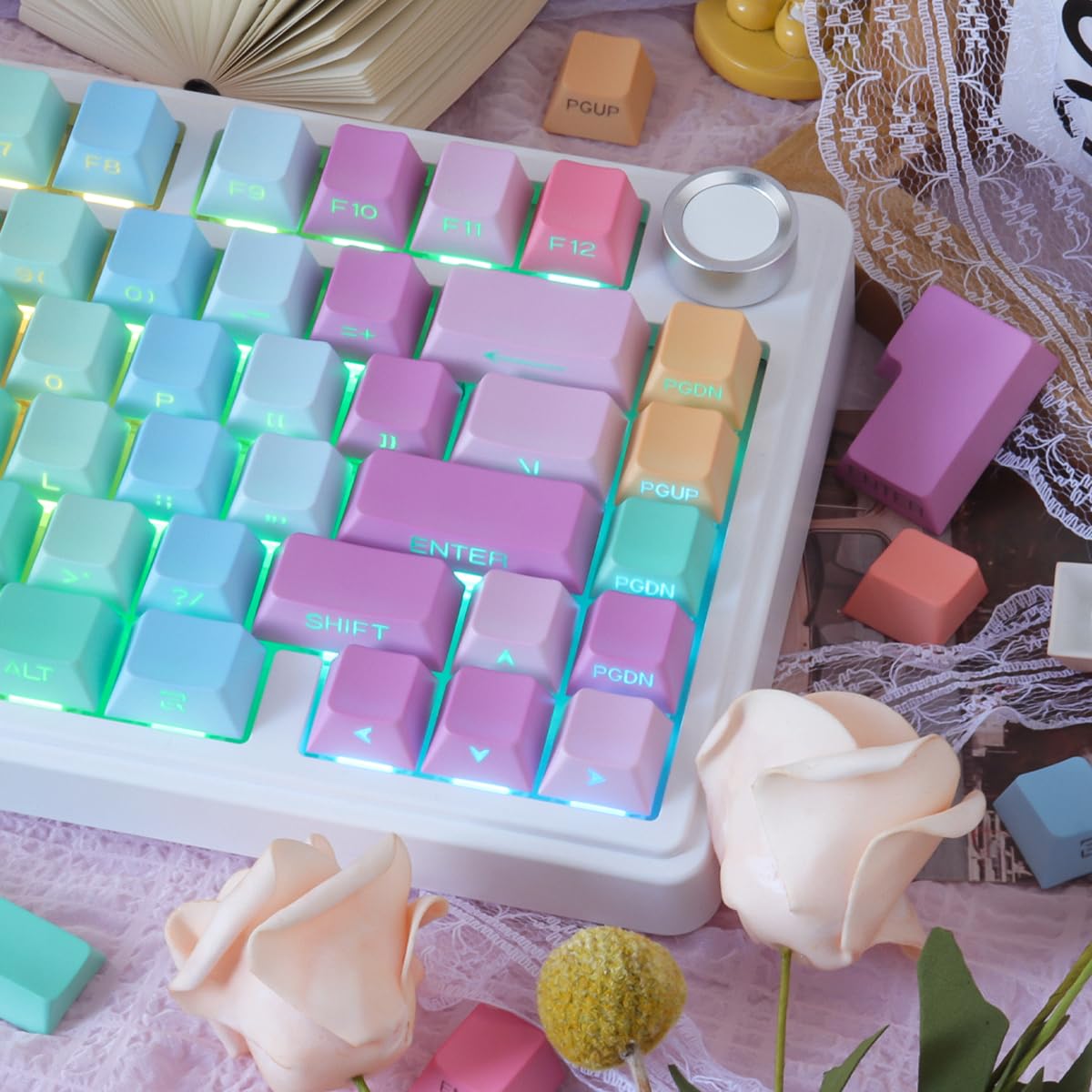 Tsungup Lot de 131 touches en PBT imprimées sur le côté - Motif arc-en-ciel mignon - Pour clavier mécanique Cherry MX