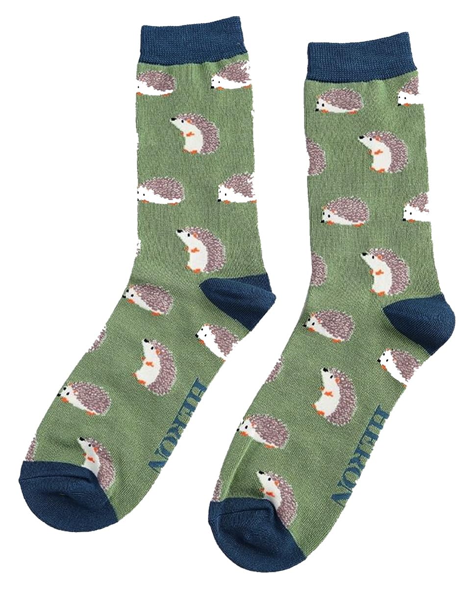 LilyRosa Mens Hedgehog Socks 6-11 Bamboo Hegdehogs 1 Pair New (Green)