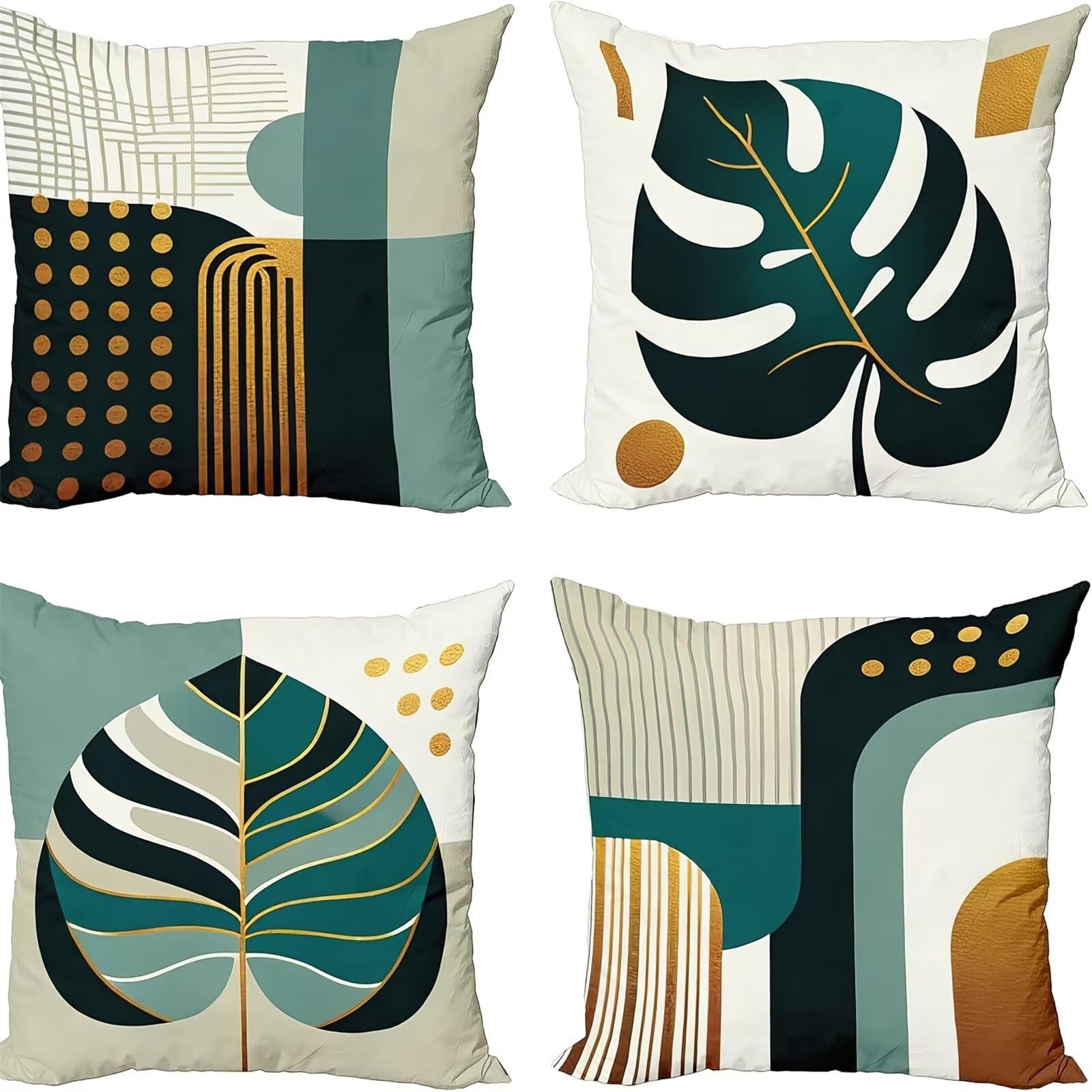 QiHon Black Green Leaves Cushion Covers 45x45 cm Set of 4, Decorative Throw Pillow Cases, 18x18 inch Square Linen Pillowcases for Sofa Living Room Bedroo
