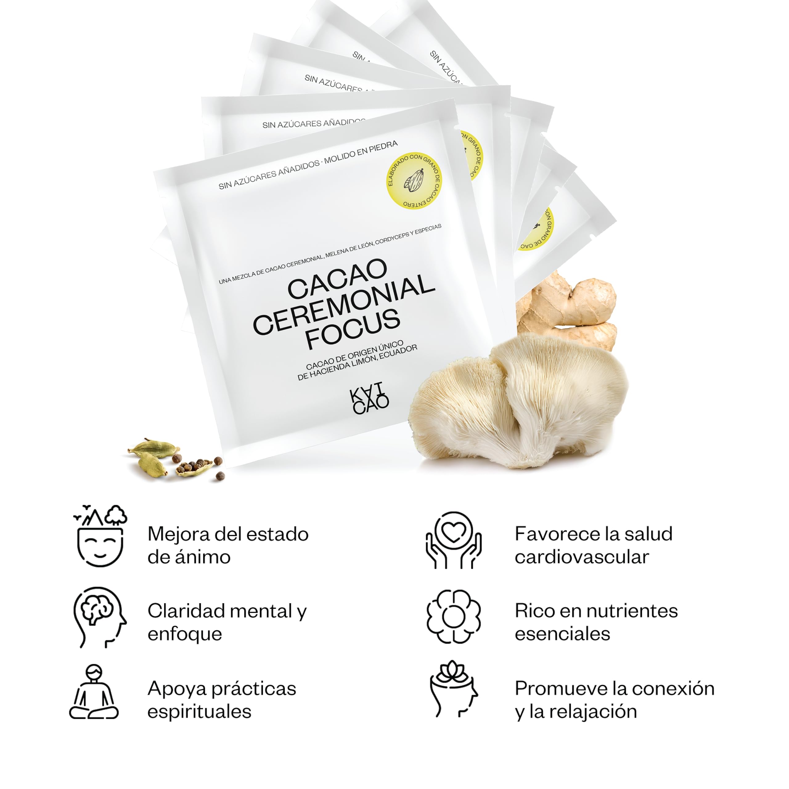 Kaicao Cacao Ceremonial Focus con Melena de León, Cordyceps, Jengibre y Cardomomo - Cacao Puro Triturado en Polvo, Origen Ecuador – sin Azúcar, Vegano, sin Gluten, Dieta Keto - 5 x 20gr