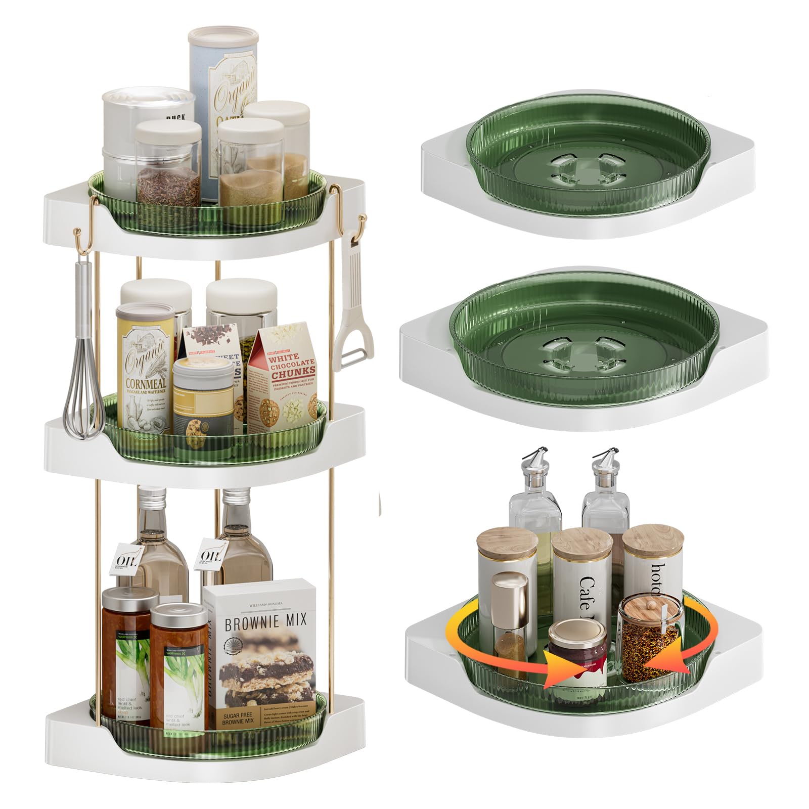 shuang qing 3 Pack Lazy Susan Turntable - Corner Spice Organizer for Cabinet - 9 Inch Rotating Condiment Rack Storage for Refrigerator, Pantry, Kitchen, Vanity, Bathroom Countertop (3 Tier-Green)