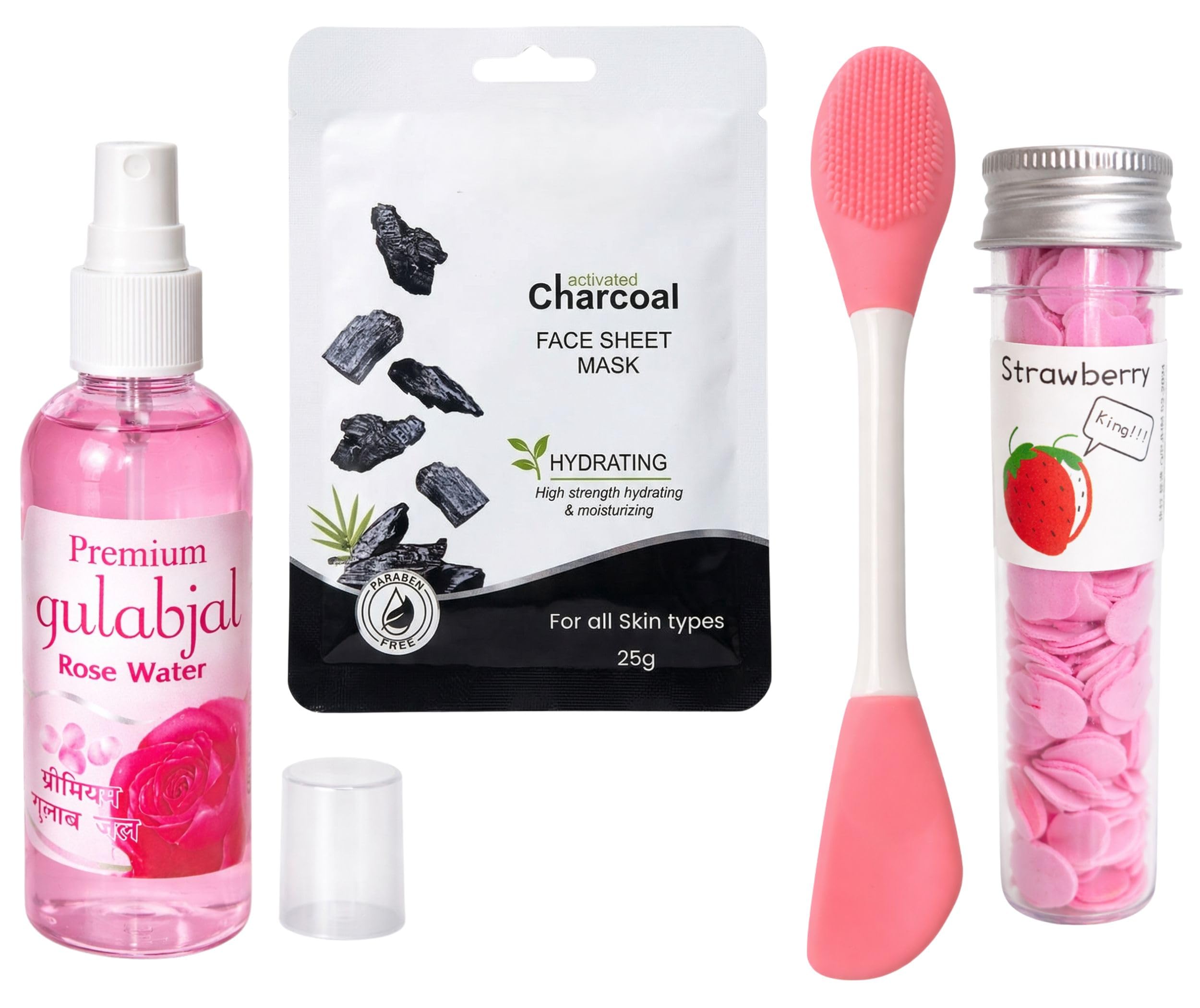 Ultimate 4-in-1 Glow Skincare Combo Kit – Premium Rose Water (Gulab Jal), Activated Charcoal Sheet Mask, Strawberry Paper Soap Strips, and Dual-Ended Silicone Face Mask Applicator & Scrubber Brush Set-image-16