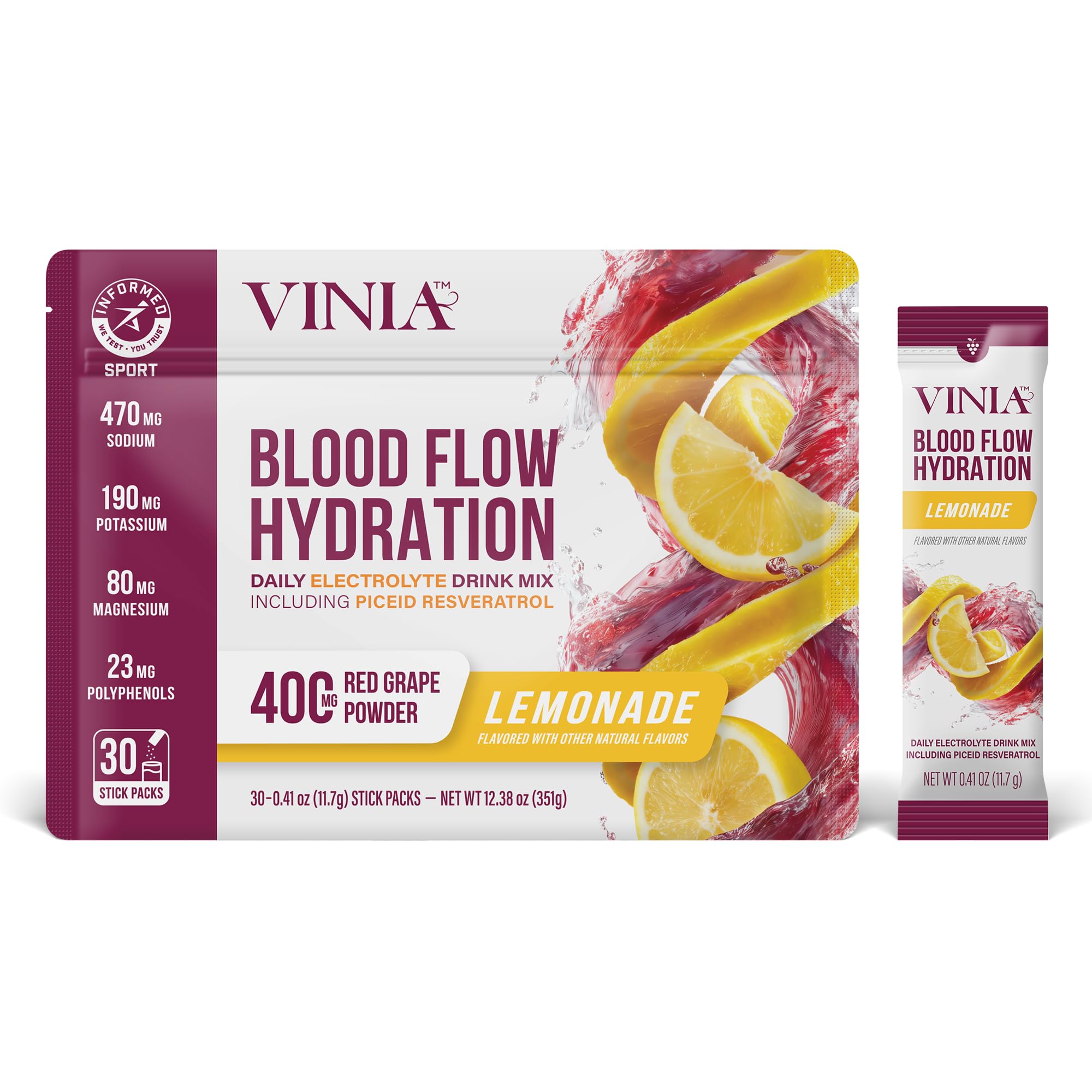VINIA Resveratrol Electrolyte Hydration Powder Mix Lemonade Boost Blood Flow Circulation Sea Salt Coconut Water Potassium Magnesium Informed