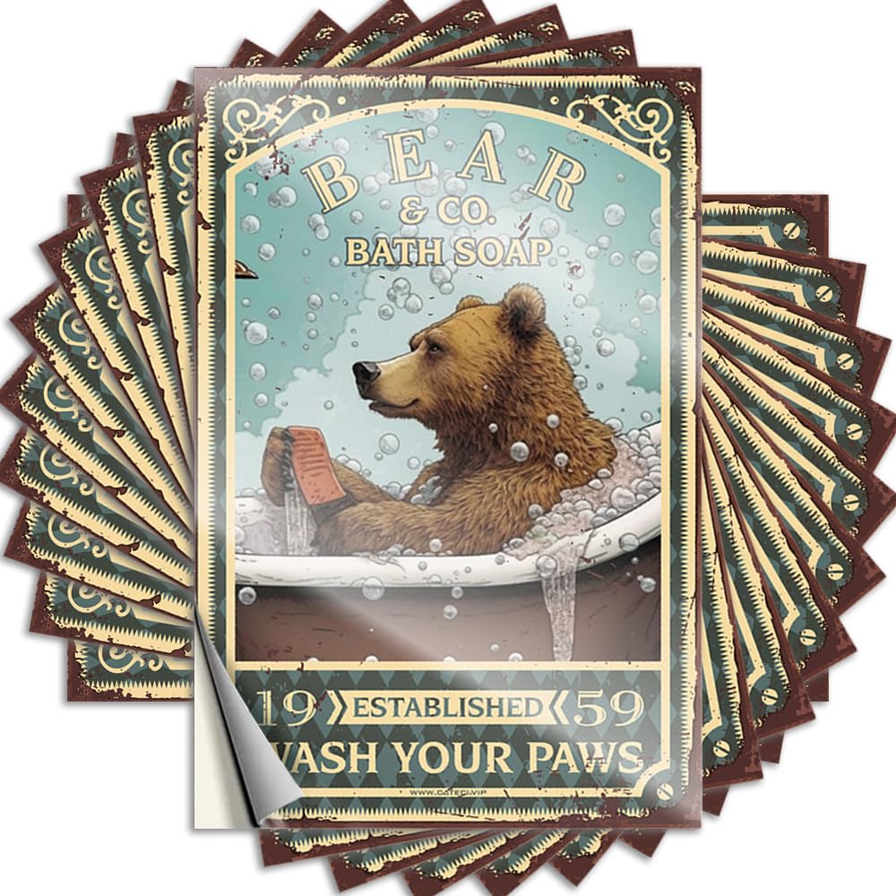 Bedroom Accessories Wall Decals - Bear Bath Soap Wash Your Paws Fun Durable Sticker Easy Apply for Essentials Decor(8X12CM)