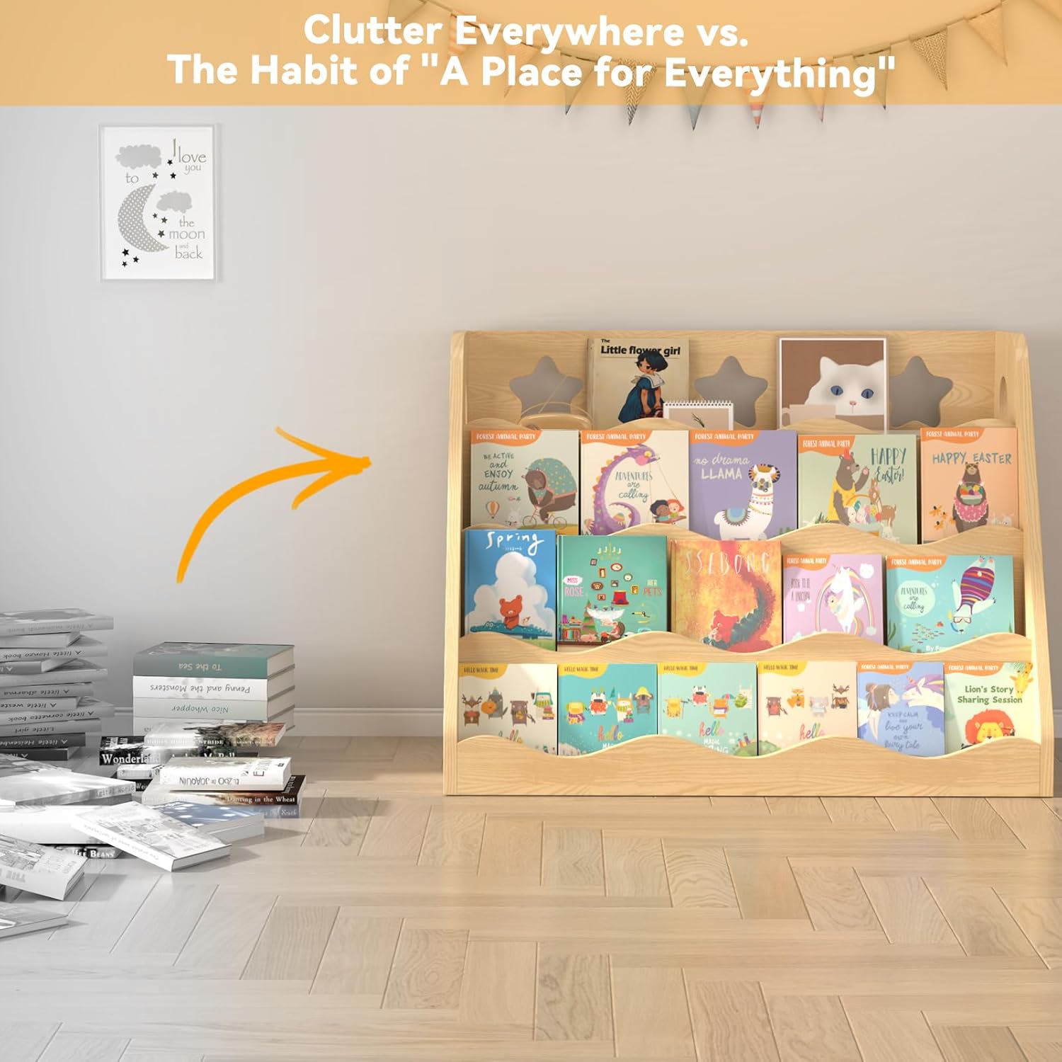 Wooden 4-Tier 24x24Inch Scalloped Bookshelf, Kids Montessori Bookshelf with Toy Storage, Toddler Bookcase Organizer for Nursery, Front Facing Display Shelf for Baby Room - Image 4