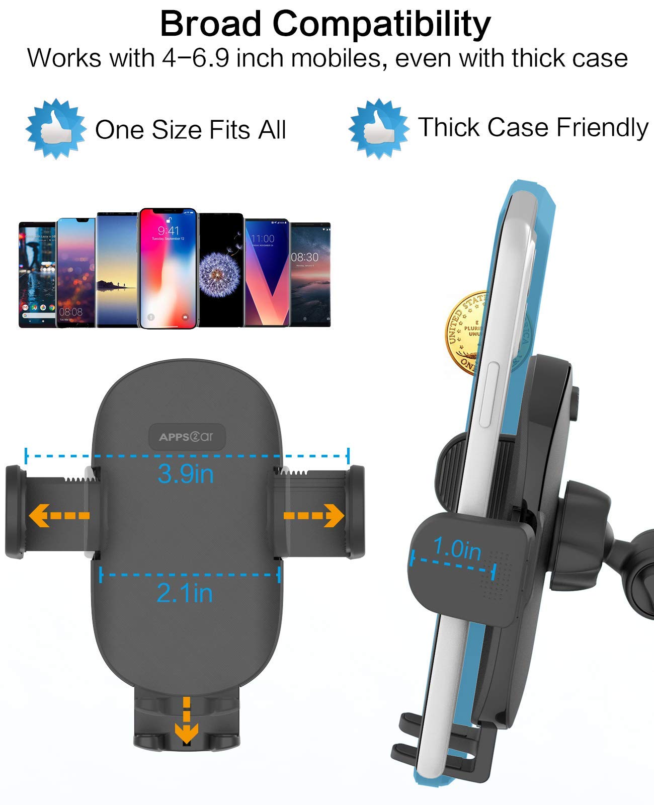 APPS2Car Supporto per telefono da scrivania [supporto stabile a tre morsetti] regolabile in altezza a 360 gradi di rotazione Base pesante spessa compatibile con custodie, supporto multifunzionale per