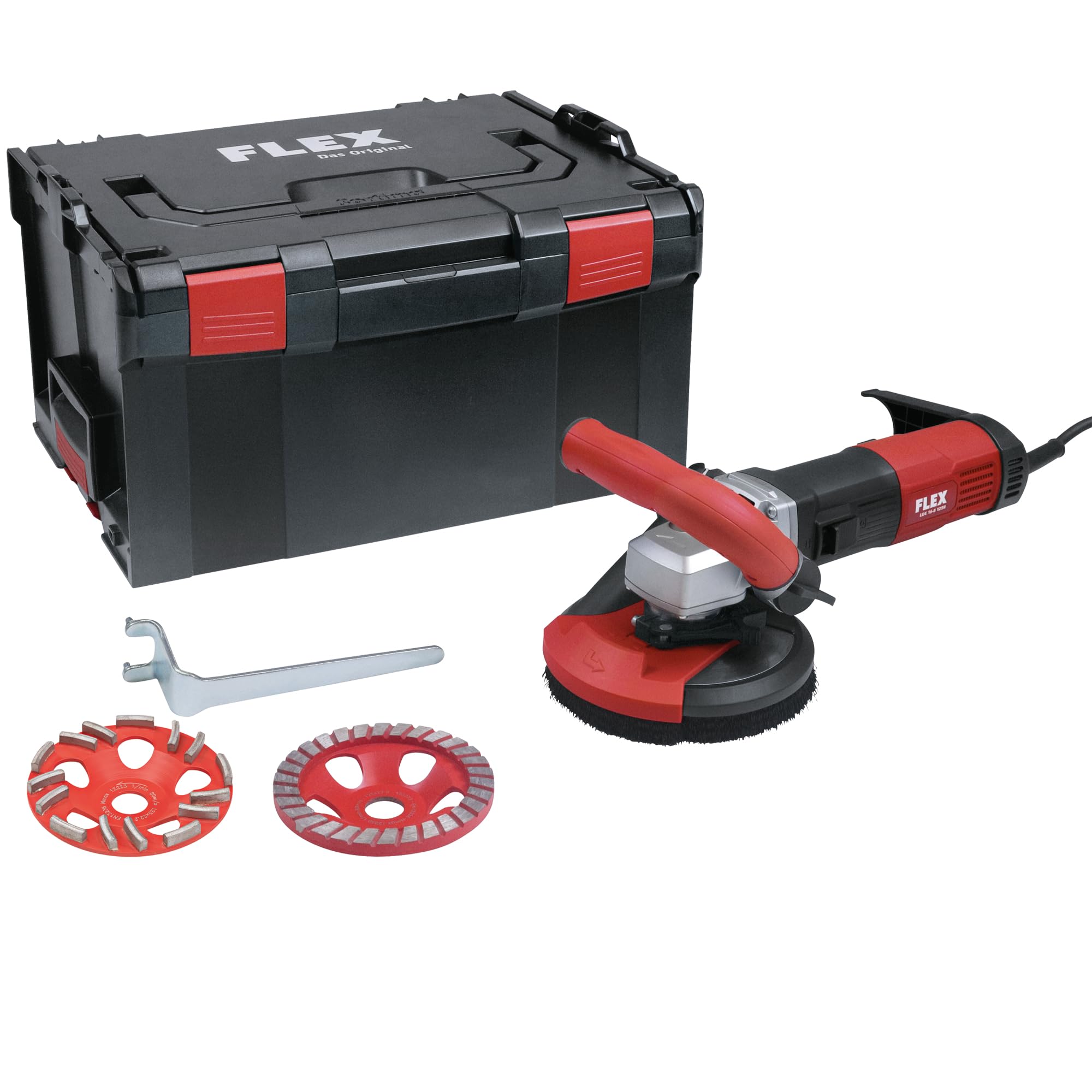 Flex Sanierungsschleifer LDE 16-8 125 R + Estrich-Jet (schwarz, rot, Sanierungsschleifer mit variabler Drehzahl für randnahes, staubfreies Schleifen, 125 mm, für Estrich, Putz und Beton) 513474