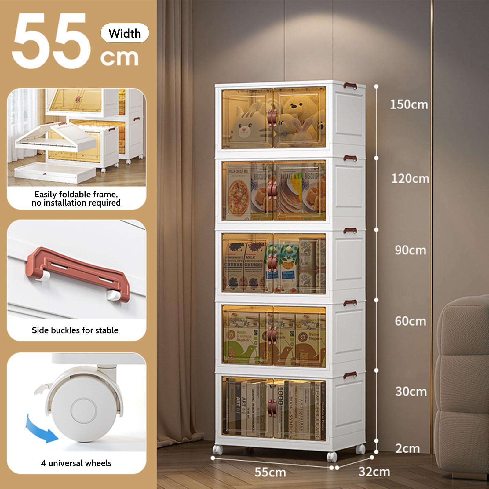 DreamHaven Caja De Almacenaje Plegable De 5 Niveles con Puertas, Apilable, De Plástico con Ruedas, Organizador De Armario para Dormitorio, Baño, Cocina Y Sala De Estar.