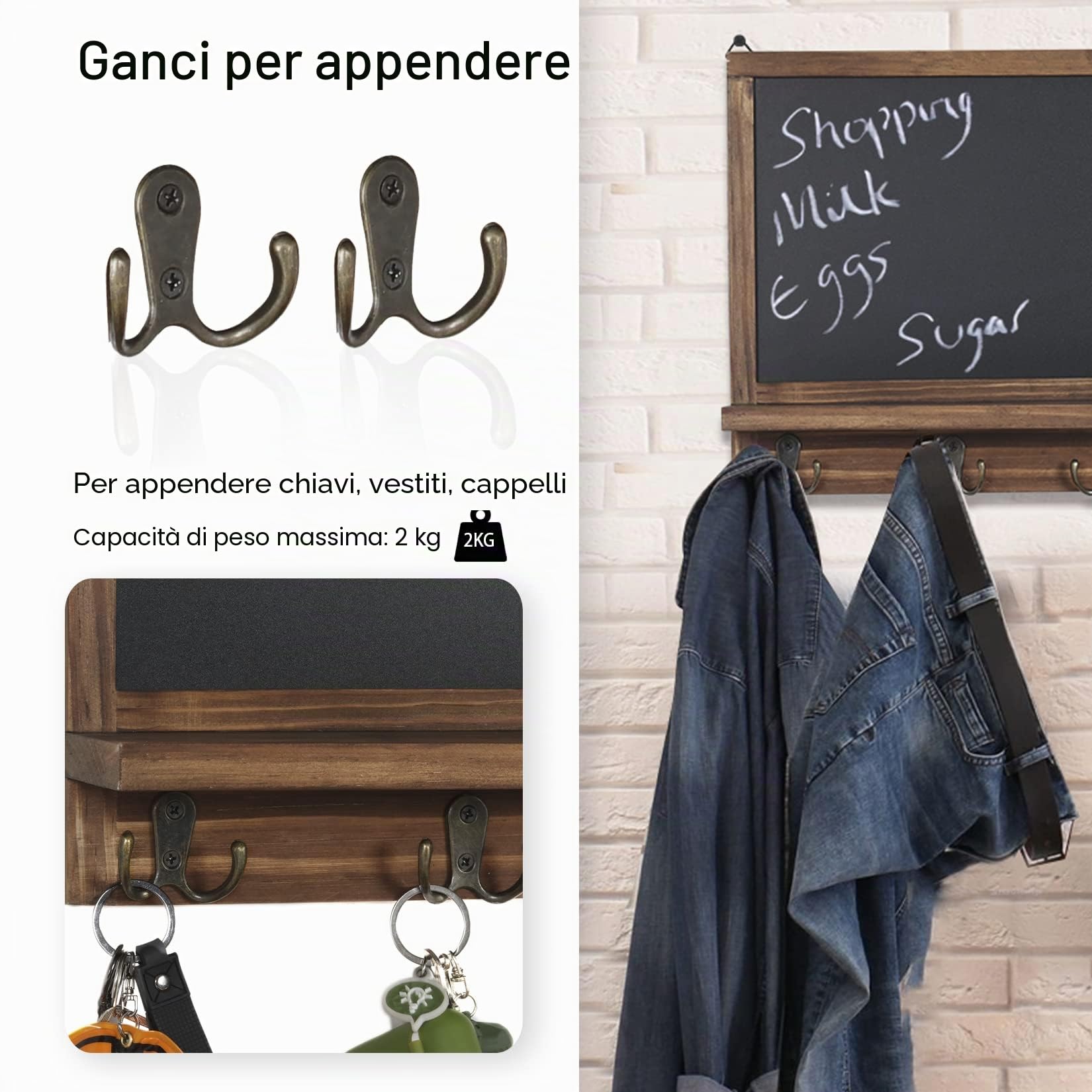 UNHO Lavagna da parete con ganci, 42 x 30 cm, lavagna da cucina, bacheca per messaggi di famiglia, cornice rustica, in legno, con ripiano e 4 ganci in metallo per chiavi, cappelli, cappotti