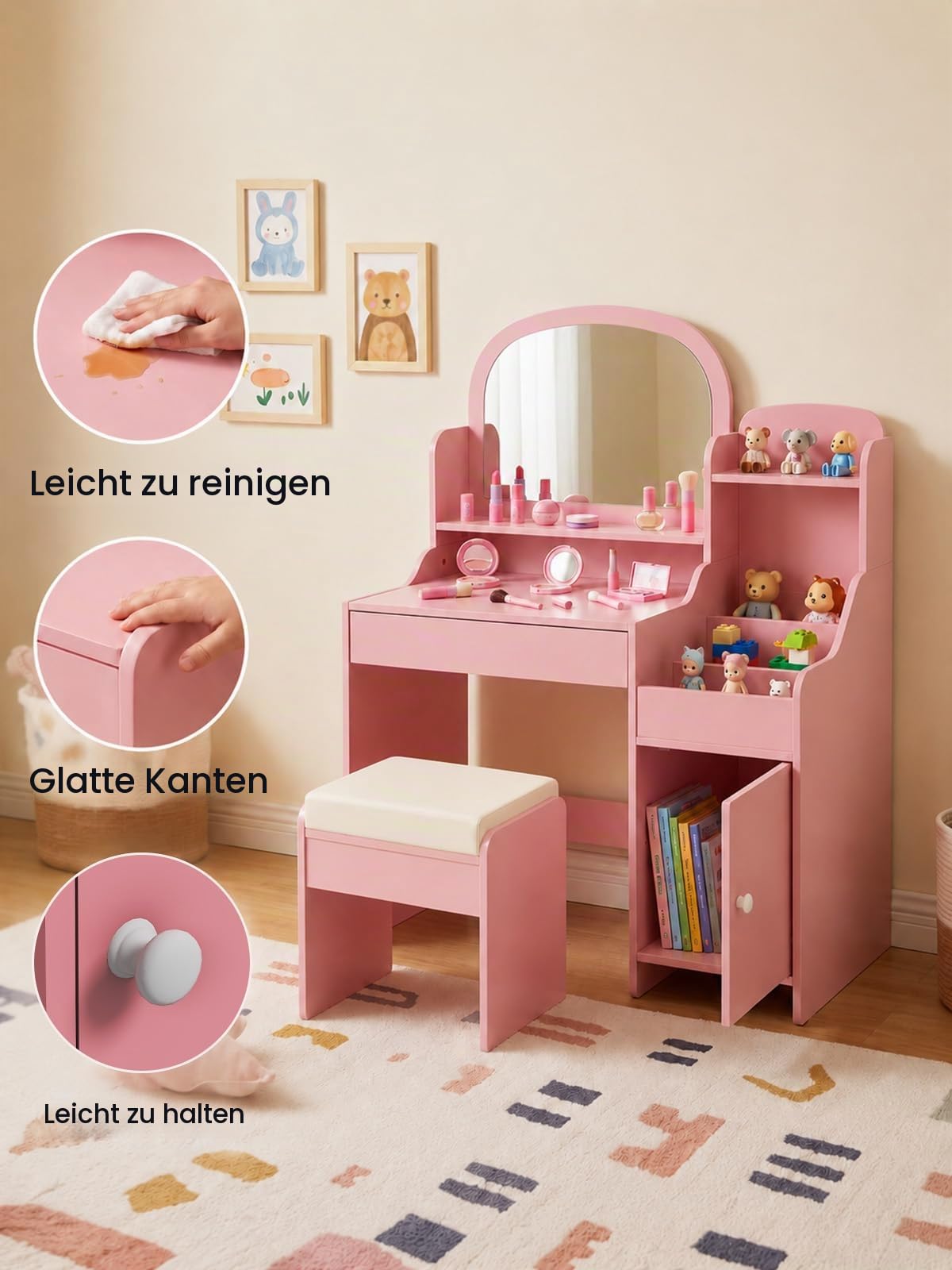 Kinder Schminktisch mit Spiegel und Hocker, Frisiertisch aus Holz mit Schrank und Ablagen, Schminktisch für Mädchen, Rosa