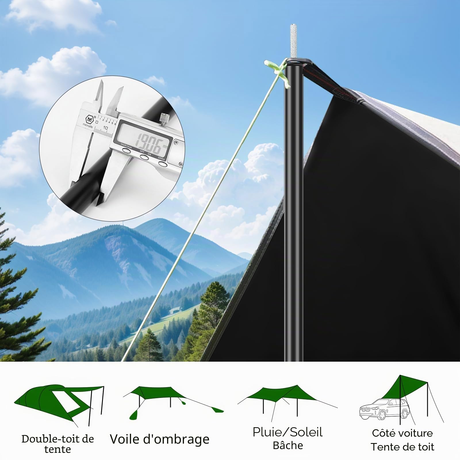 KOMCLUB Tente télescopique 42-195 cm | Bâtons de camping réglables pour bâche et voile d'ombrage, sac de transport inclus