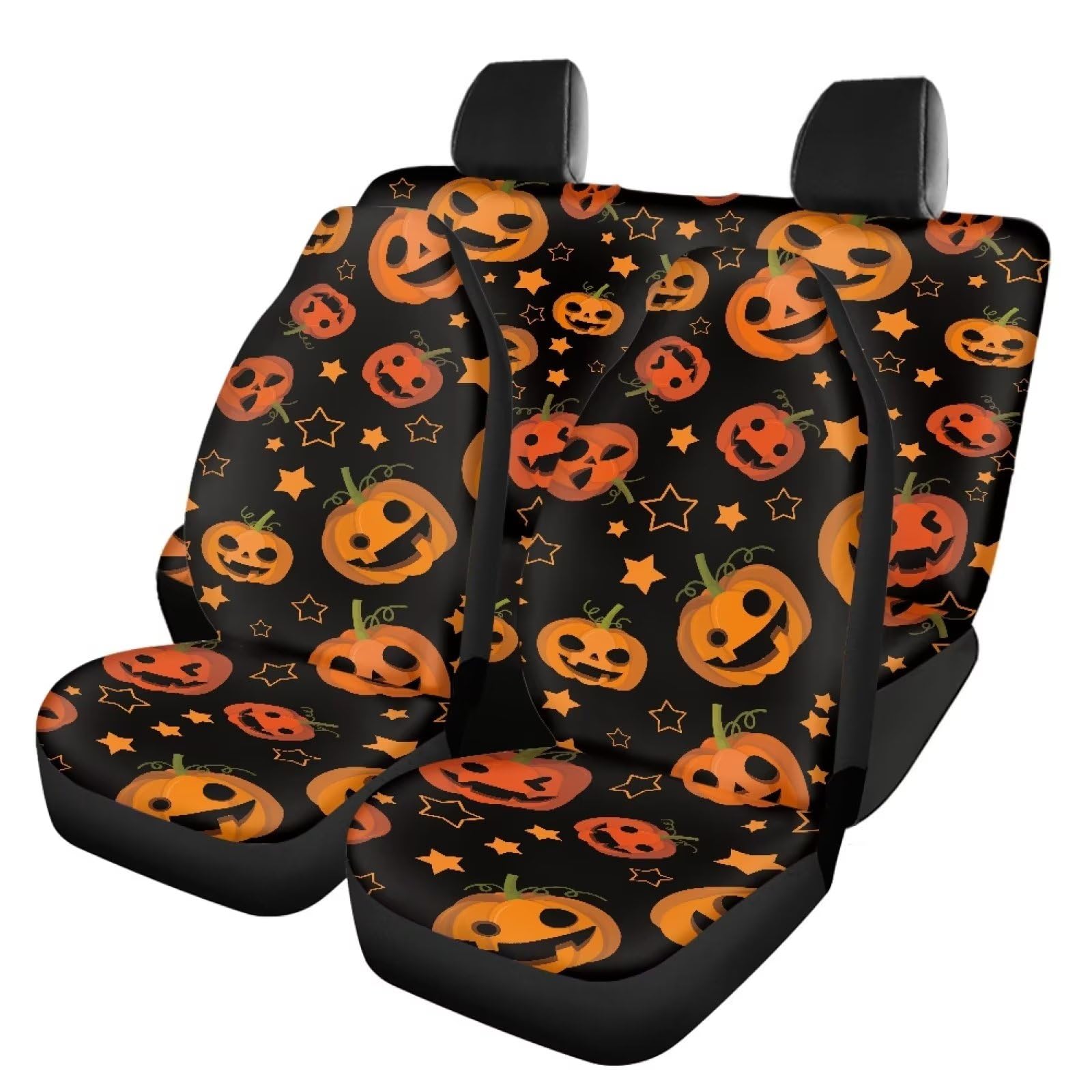 Funny Custom Women Car Seat Cover Full Set Breathable Elastic Fitted Cute Pumpkin Halloween Automotive Seat Protector Non Slip Full Coverage Two Front Seat Covers Rear Back Bench for Most Trucks SUV