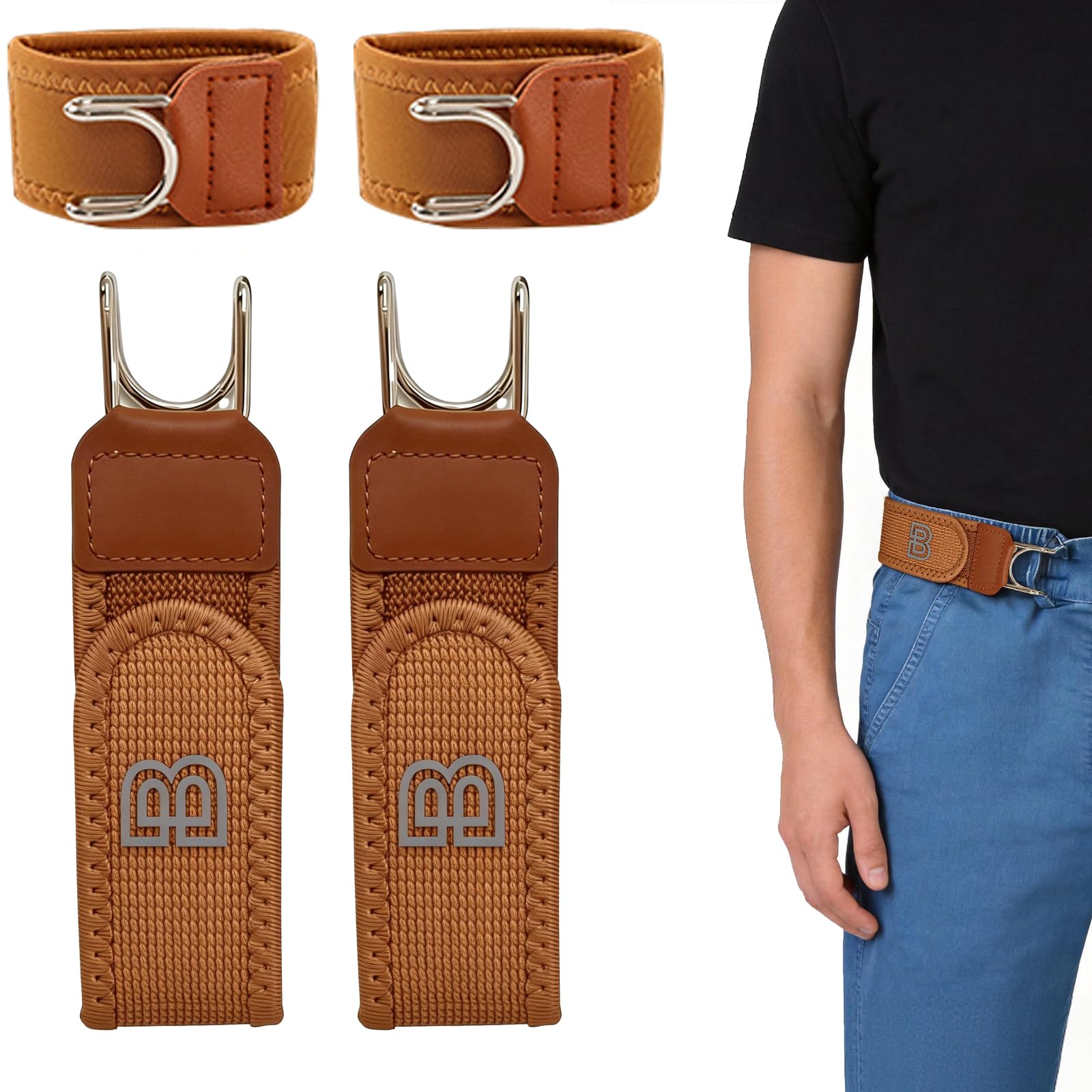 Duyige Buckleless Tactical Elastic Belt - Adjustable Metal Hook Magic Tape Invisible Waist Belt for Work, Brown, One size