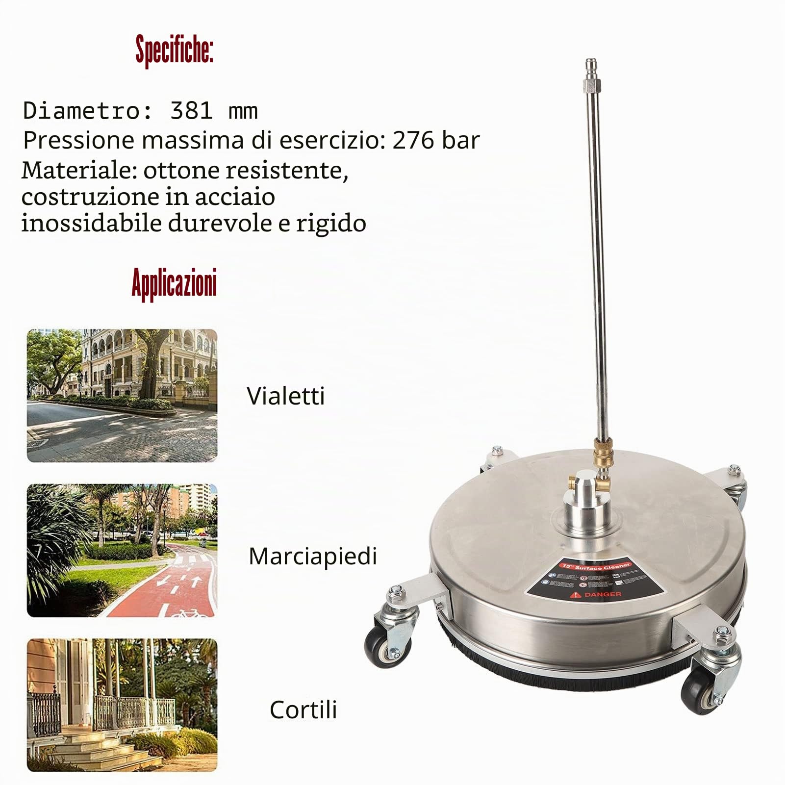 Spazzola per Idropulitrice 15 Pollici 4000 PSI in Ottone e Acciaio Inossidabile con 4 Ruote e Connettore Rapido 1/4, Pulizia 5 Volte Pi¨´ Veloce per Cortili e Cantieri, Officine, Aziende Agricole