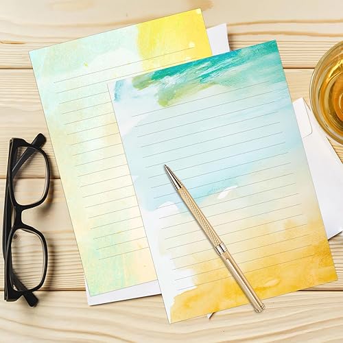 Miniatura 7 de Juego de papel y sobres de acuarela, 24 piezas de papel de papelería de escritura colorido con 12 sobres, bonitos estilos de acuarela, diseño
