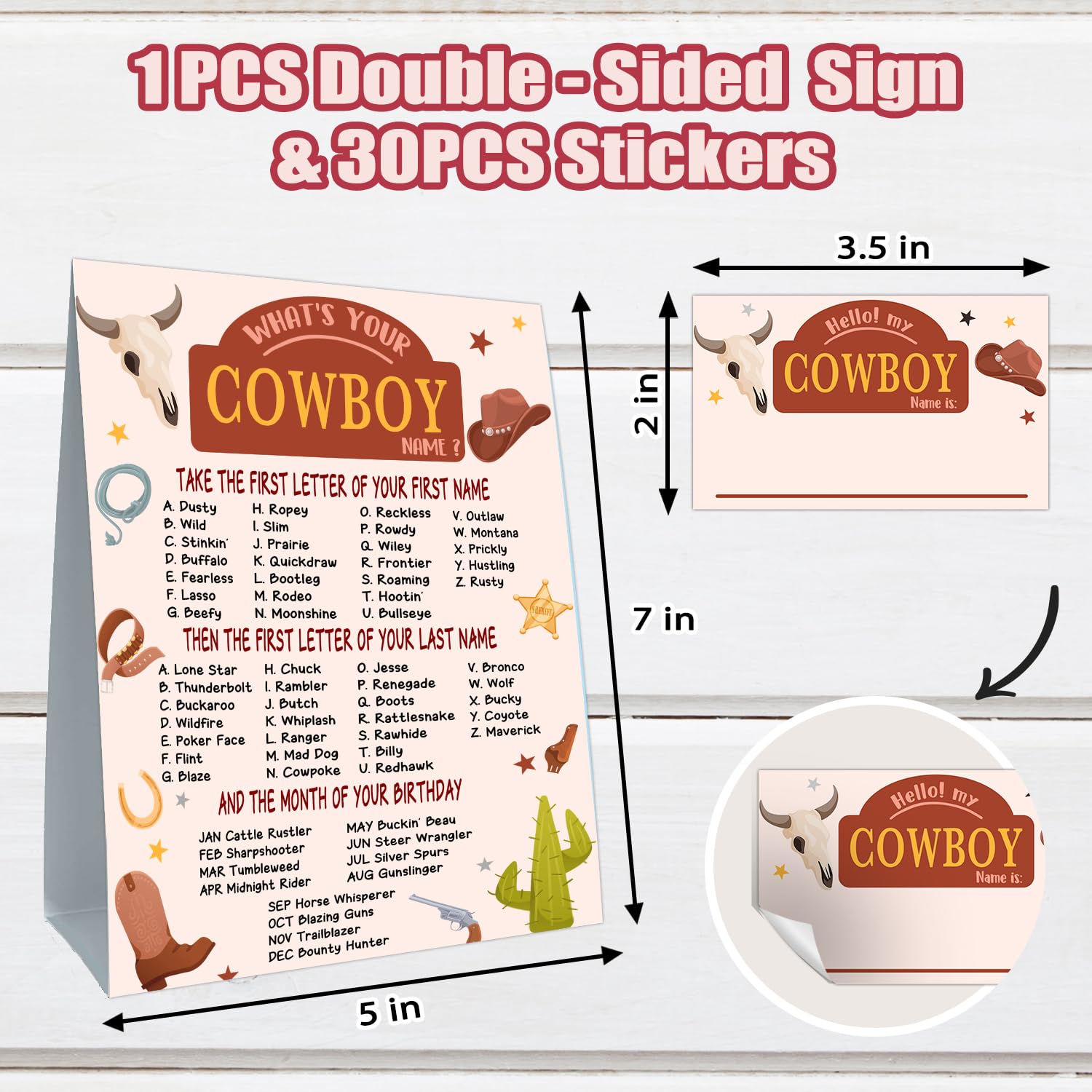 Cidobi What is Your Cowboy Name Game, Cowboy Birthday Party Game, 1 Cowboy Name Game Double Sided Sign, 30 Name Stickers, Games for Boys Party Activity Decoration Supplies