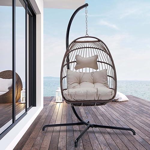 Hamaca colgante de mimbre, para interiores y exteriores, en forma de huevo, con almohadones resistentes a los rayos UV y estructura de aluminio,