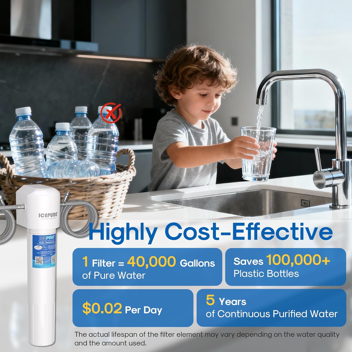ICEPURE WFS5300A-20 5 Years or 40K Gallons Under Sink Water Filtration System, Ultra High Capacity NSF/ANSI CAN372 & 42 Certified, Direct Connect Drinking Faucet, Removes Chlorine, Odor, Heavy Metals