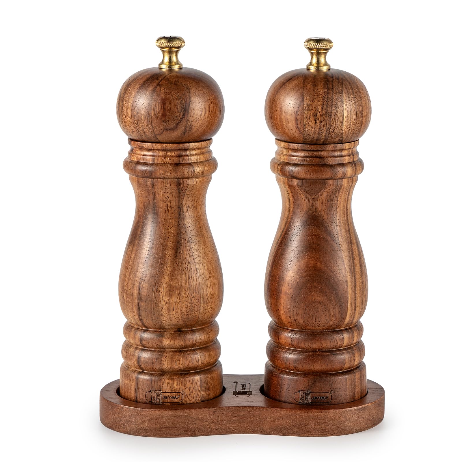 Molinillo de sal y pimienta con bandeja, madera de acacia, juego de 2 molinillos manuales de sal y pimienta, molinillo de sal y sal, mecanismo de cerámica, 7 pulgadas (madera)