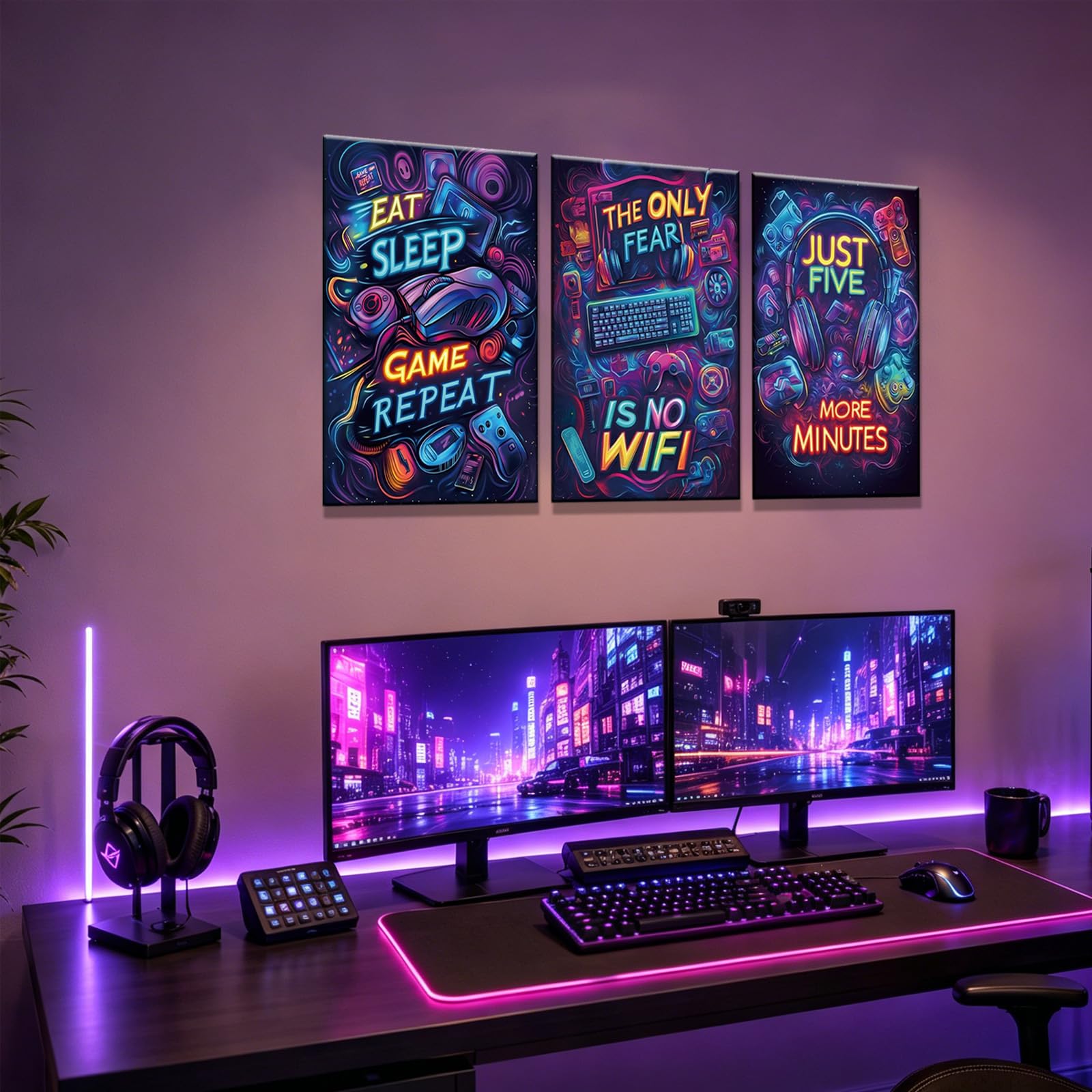 Yolbcdr Neon Gaming Canvas Wall Art Set di 3, 40,6 x 61 cm | Decorazione da parete colorata per videogiochi, set di poster per videogiochi al neon, stanza dei giochi