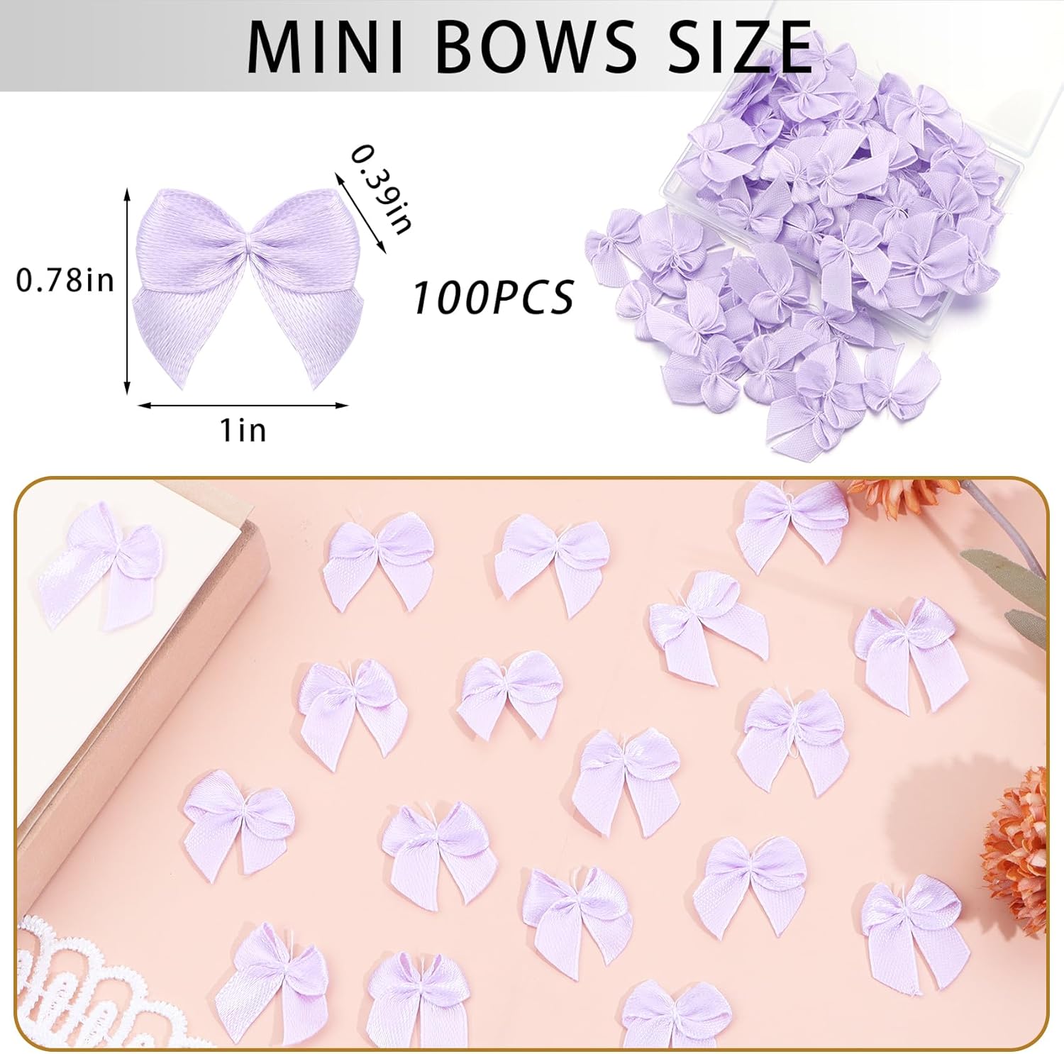Light Purple Mini Bows 1” Small Ribbon Bows for Cake Treats Premade Satin Hair Bow for Crafts Gift Wrapping Sewing Balloons Party Decoration 100PCS - Image 2