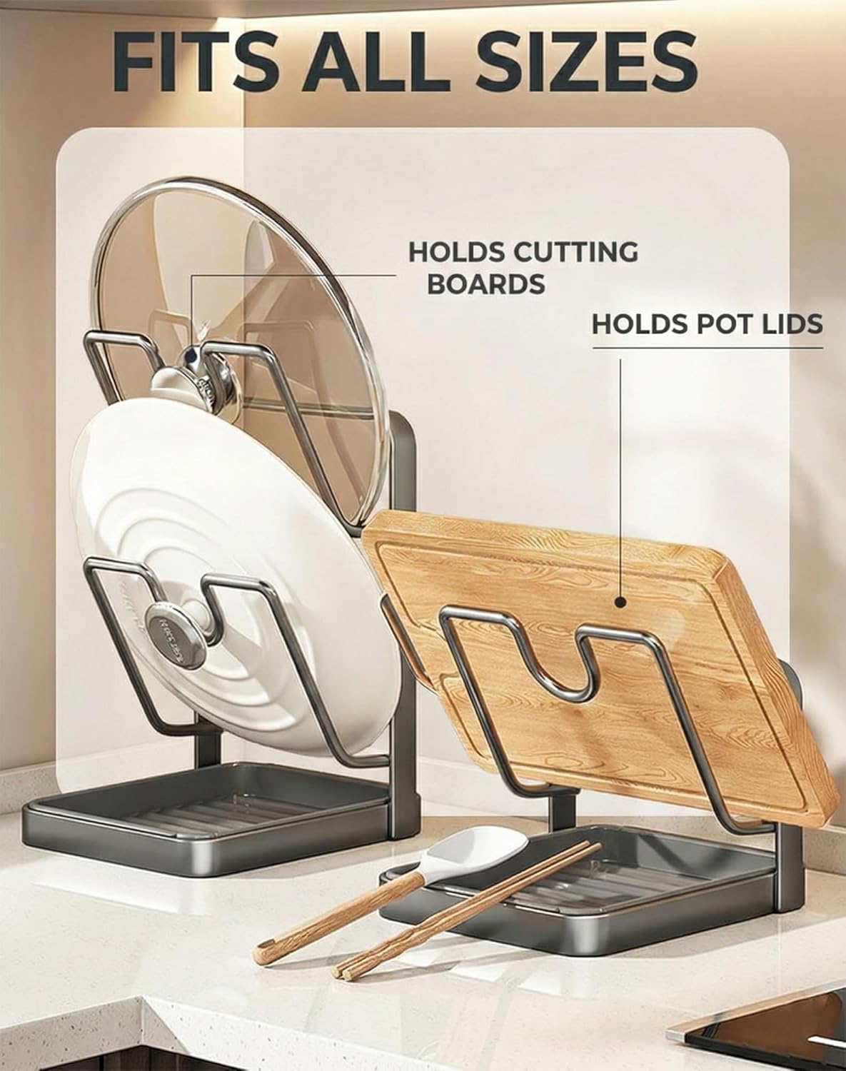 Kitchen Pot Lid Storage Rack & Organizer – Metal Pot Lid Holder While Cooking for Countertop – Heavy Duty Pan Lid Holder Stand with Drip Tray & Spoon Rest for Spatulas, Ladles & Large Lids (2-Layer) - Image 4